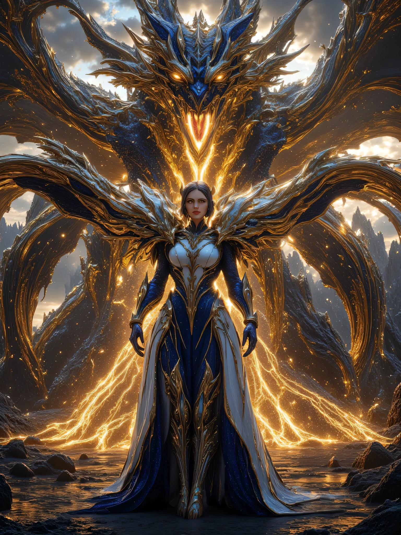 Generate an image of a dragon Queen facing the viewer , A fierce Dragon behind her breathing fire