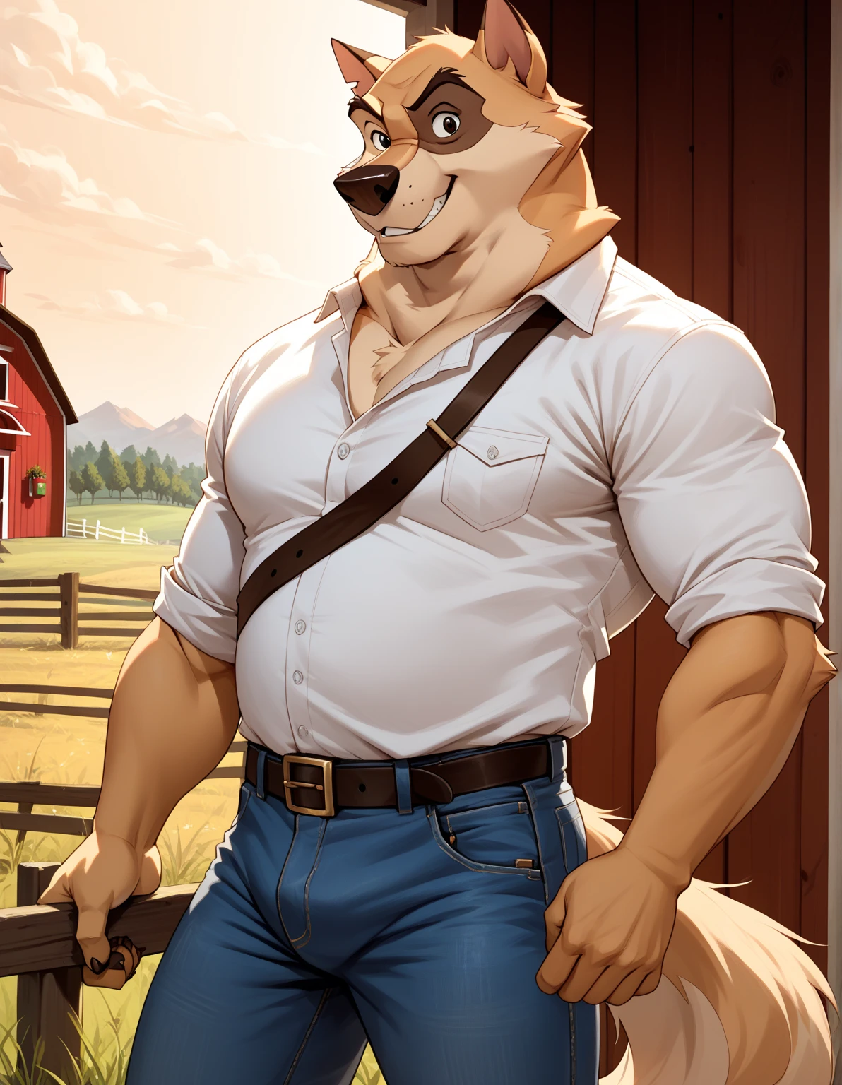 furry, anthro, rottweiler:1.5, solo, average male, his  is short fat saggy and , , standing outside a farm:1.2, he is using a cap and a bandana, dripping, , leak of :1.8,  of :1.8,  in everywhere:1.2,  on belly:1.3, super detailed, detailed face, best art, 8k, vibrant, by snowskau:0.4, by taran fiddler:1.8, by RedRusker:1.8, art stile, 3D, halfbody,