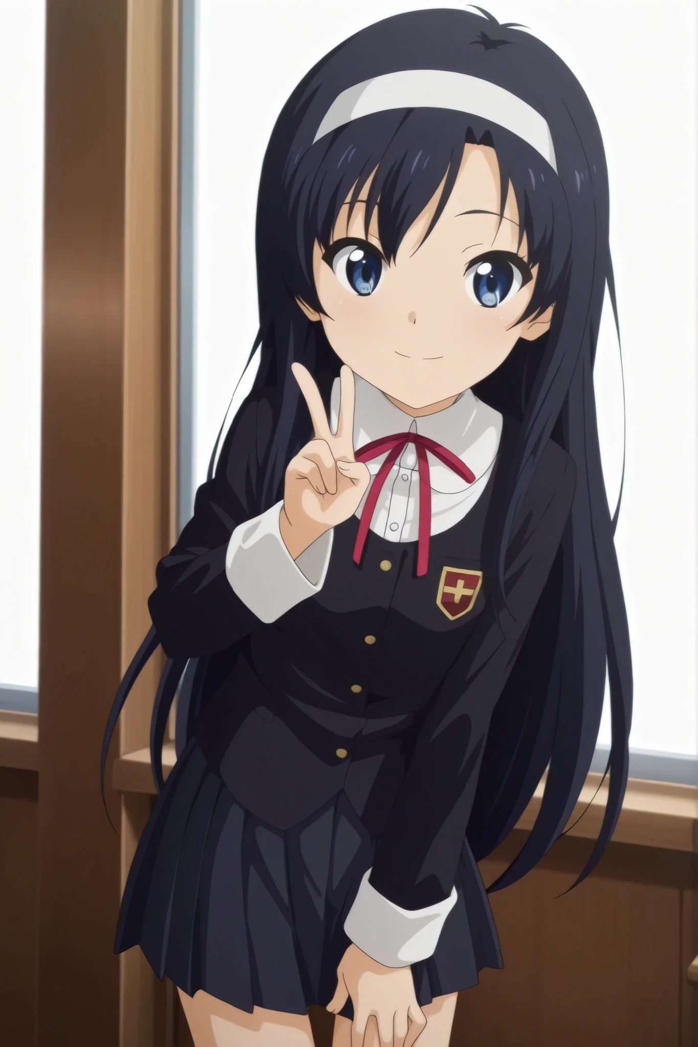 score_9, score_8_up, score_7_up, best quality, masterpiece, source_anime, anime coloring, Hair high revolution, anime screenshot style, official art Shoujo Kyouiku, highter, detailed eyes,
BREAK
1girl, solo, (saeinagaki, long hair, blue eyes, smile, Eyes bulging, best quality, amazing quality, very aesthetic, vivid colors, anime 3D CGI style, loli, standing, Flat chest, From top to thigh, school uniform, neck ribbon, red ribbon, white hairband, skirt, White background, simple background, looking at viewer, v, v over