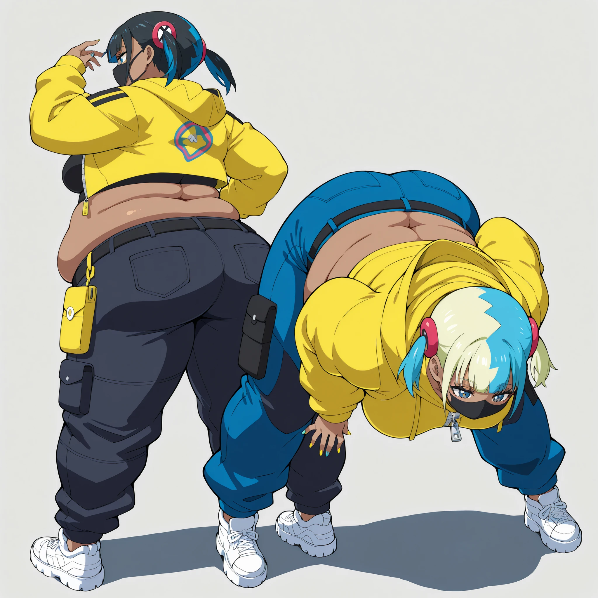  CanariZAILXLV1.0v01,
short hair, twintails, short twintails, blunt bangs, blue hair, blonde hair, black hair, multicolored hair, two-tone hair, eyelashes, blue eyes, nail polish, yellow nails, blue nails, fingernails, medium breasts, navel, dark skin,　dark-skinned female,
jacket, cropped jacket, yellow jacket, hood, hoodie, cropped hoodie, yellow hoodie, hooded jacket, long sleeves, crop top, zipper pull tab, zipper, belt, black belt, buckle, pants, black pants, blue pants, shoes, sneakers, white footwear, open clothes, open jacket, hood down, midriff, hair ornament, mask, mask, black mask, pouch,, fat, chubby, obese,, big breasts, Larger female, full body shot, bending over, bending down, back view, back side