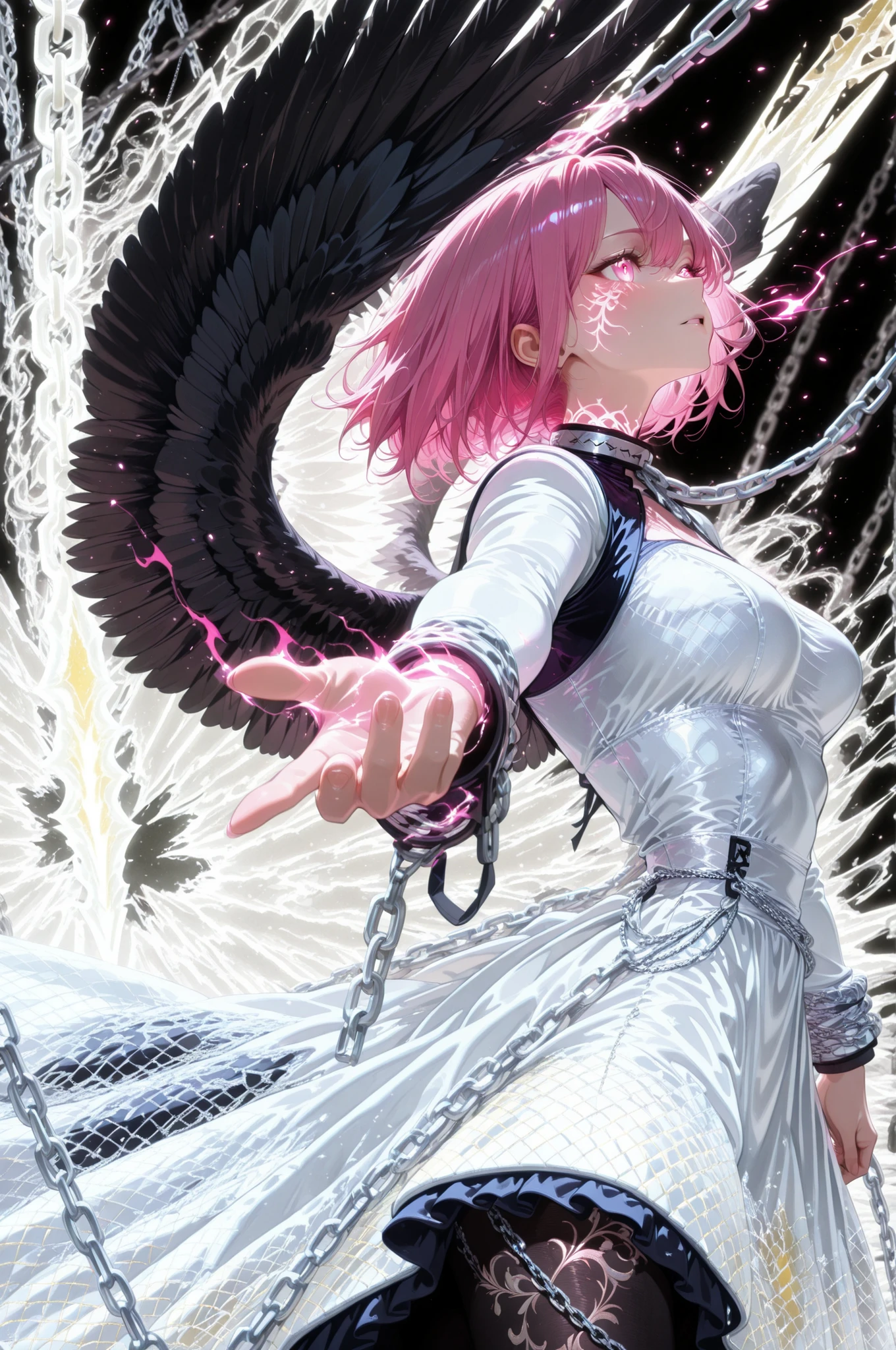 masterpiece, best quality, ultra detailed, highres, dynamic cinematic composition, viewed from side, (a black-skinned) beautiful woman with vivid pink hair and glowing pink eyes, wearing (a navy dress), the dress fluttering violently in the wind, large (black bird wings:1.2) fully spread, each feather catching the light dramatically, her body radiates overwhelming magical energy, waves of power bursting outward, she grips the remains of a shattered (white chain:2.0) in one hand, countless white chains explode and scatter through the air around her, brilliant fragments and sparks of light flying in every direction, her expression fierce and anguished, eyes burning with wrath and sorrow, cheeks marked with glowing flame-shaped tattoos, flickering like embers, magic aura and dust swirling in the air, shockwave distortion visible, background of crumbling ruins, a scene of liberation, chaos, and power beyond control.