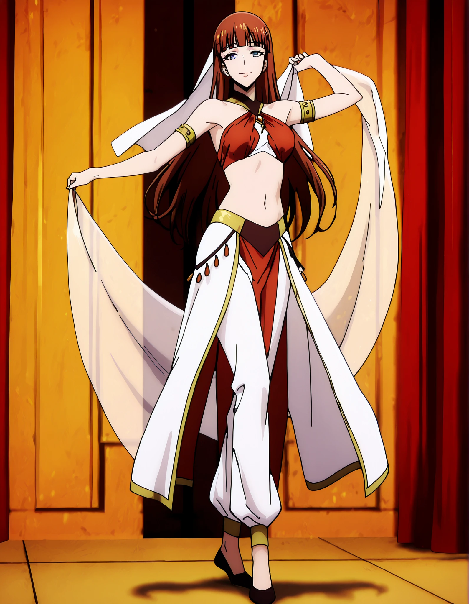 (1girl:1 . 5) , (Seul:1 . 5) , score_9 , score_8_haut , score_7_haut , source_anime , Official work  , ultra-detailed , masterpiece , best quality , high resolution , beaux yeux , detailed eyes , Detailed face , beautiful detailed eyes,1girl,reddish brown hair, blue eyes, long hair, blunt bangs,Solo Leveling,Lee Joohee,Arabian Clothes , Arabian Dancer Outfit ,belly dancer costume,belly dancer outfit ,full body,golden jewelery,armlet, belly dancing,arabian theater,seductive smile, dancing with veil, dynamic movement,dance posture, seductive pose