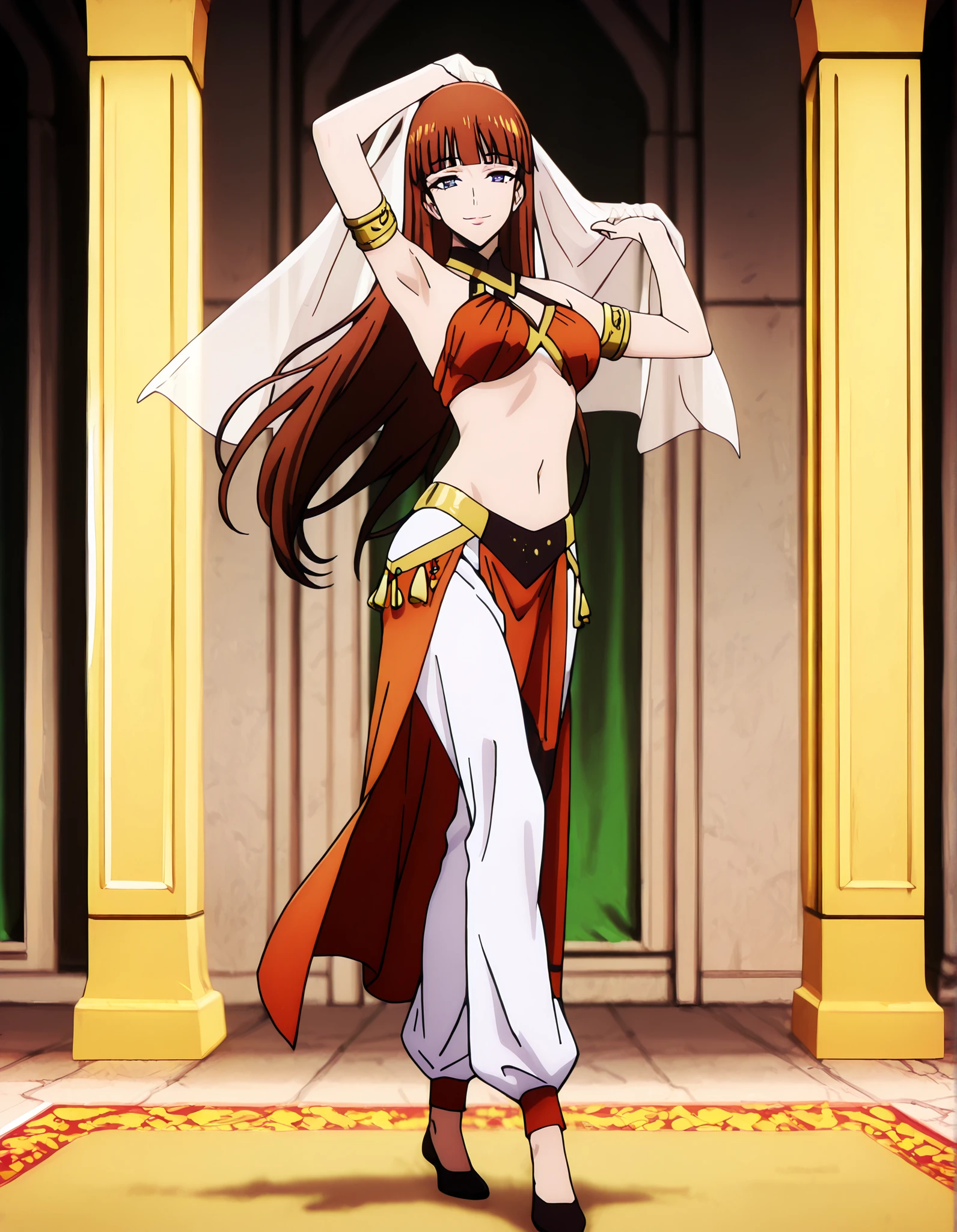 (1girl:1 . 5) , (Seul:1 . 5) , score_9 , score_8_haut , score_7_haut , source_anime , Official work  , ultra-detailed , masterpiece , best quality , high resolution , beaux yeux , detailed eyes , Detailed face , beautiful detailed eyes,1girl,reddish brown hair, blue eyes, long hair, blunt bangs,Solo Leveling,Lee Joohee,Arabian Clothes , Arabian Dancer Outfit ,belly dancer costume,belly dancer outfit ,full body,golden jewelery,armlet, belly dancing,arabian garden,seductive smile, dancing with veil, dynamic movement,dance posture, seductive pose
