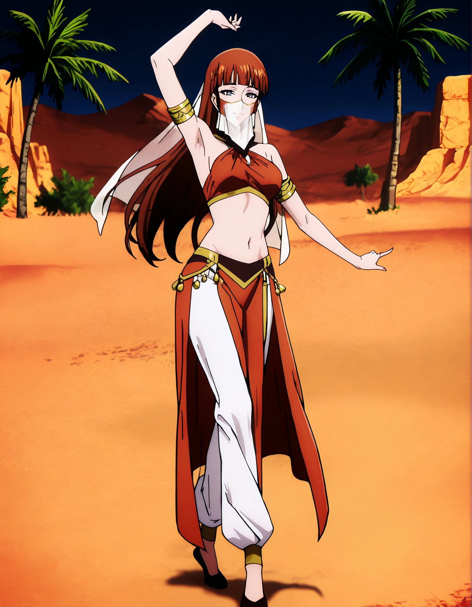 (1girl:1 . 5) , (Seul:1 . 5) , score_9 , score_8_haut , score_7_haut , source_anime , Official work  , ultra-detailed , masterpiece , best quality , high resolution , beaux yeux , detailed eyes , Detailed face , beautiful detailed eyes,1girl,reddish brown hair, blue eyes, long hair, blunt bangs,Solo Leveling,Lee Joohee,Arabian Clothes , Arabian Dancer Outfit ,belly dancer costume,belly dancer outfit ,full body,golden jewelery,mouth veil,armlet, belly dancing,night,desert lands,palm tree,seductive smile, dancing with veil, dynamic movement,dance posture, seductive pose