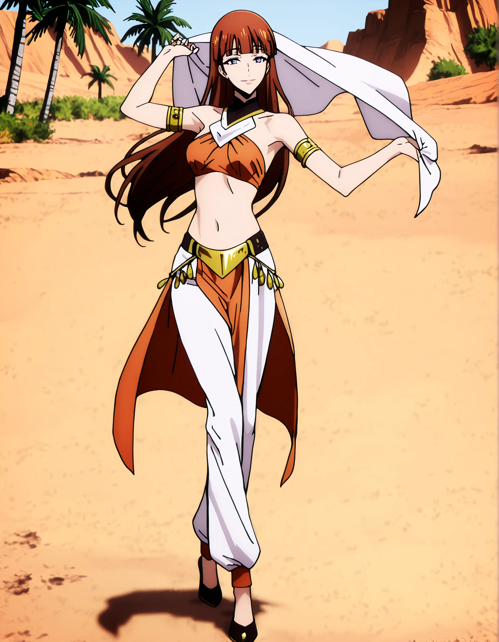 (1girl:1 . 5) , (Seul:1 . 5) , score_9 , score_8_haut , score_7_haut , source_anime , Official work  , ultra-detailed , masterpiece , best quality , high resolution , beaux yeux , detailed eyes , Detailed face , beautiful detailed eyes,1girl,reddish brown hair, blue eyes, long hair, blunt bangs,Solo Leveling,Lee Joohee,Arabian Clothes , Arabian Dancer Outfit ,belly dancer costume,belly dancer outfit ,full body,golden jewelery,armlet, belly dancing,desert lands,palm tree,seductive smile, dancing with veil, dynamic movement,dance posture, seductive pose
