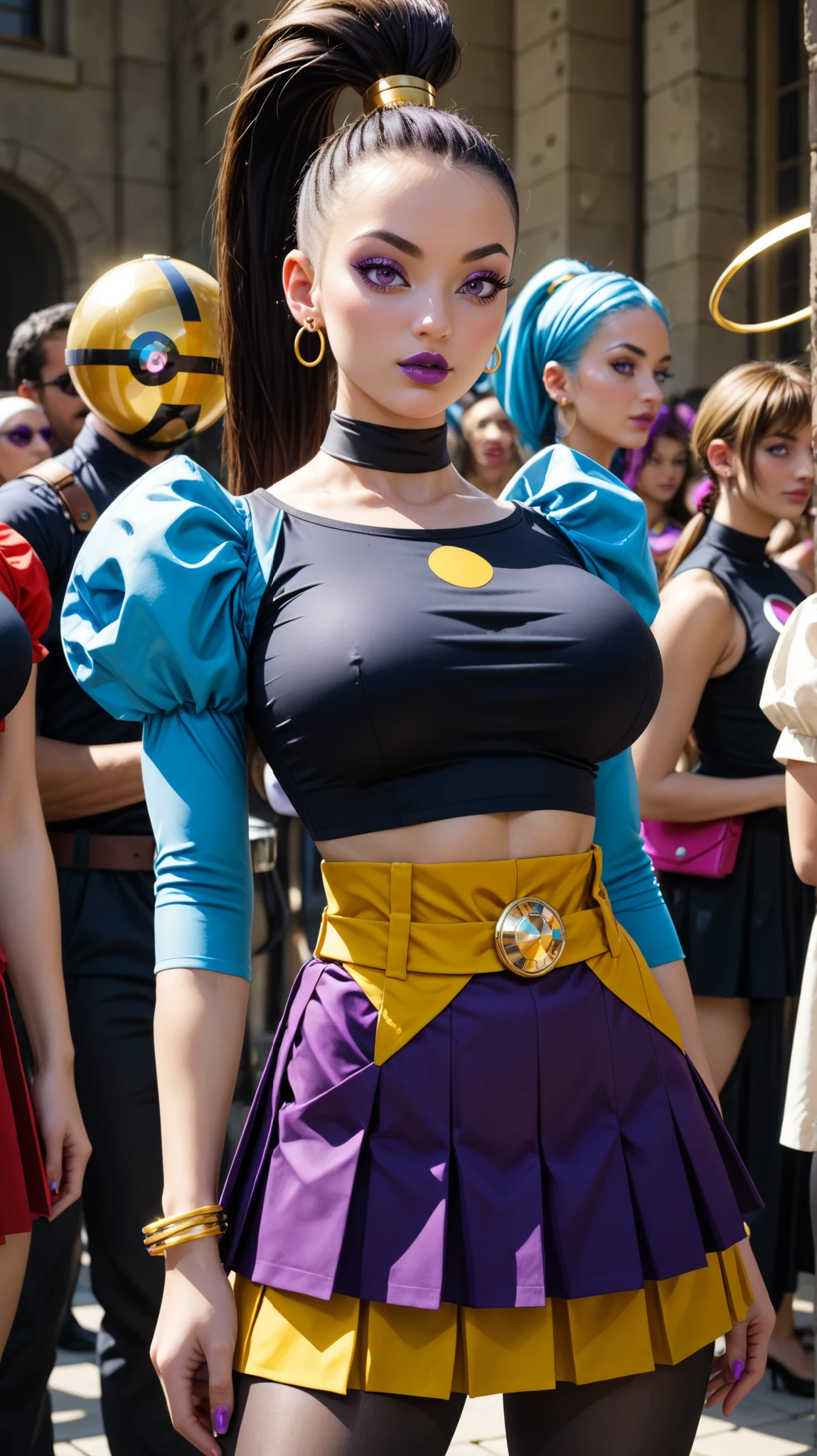 (masterpiece), best quality, expressive eyes, perfect face, solo vados , wearing earings,bangles,40 year old women perfect breasts perfect thigs facing towards screen parted lips feminine figure body, 40yo, busty mommy, . , curve s shape body, Large breasts, big bouncy chest , Erotica, , midriff Wearing: blue jacket, choker, Strapless black top, Belt, Black leather pants), ahoge, piercings, toned,, purple lips, mini skirt gayaru, pleated skirt ahoge,, ,