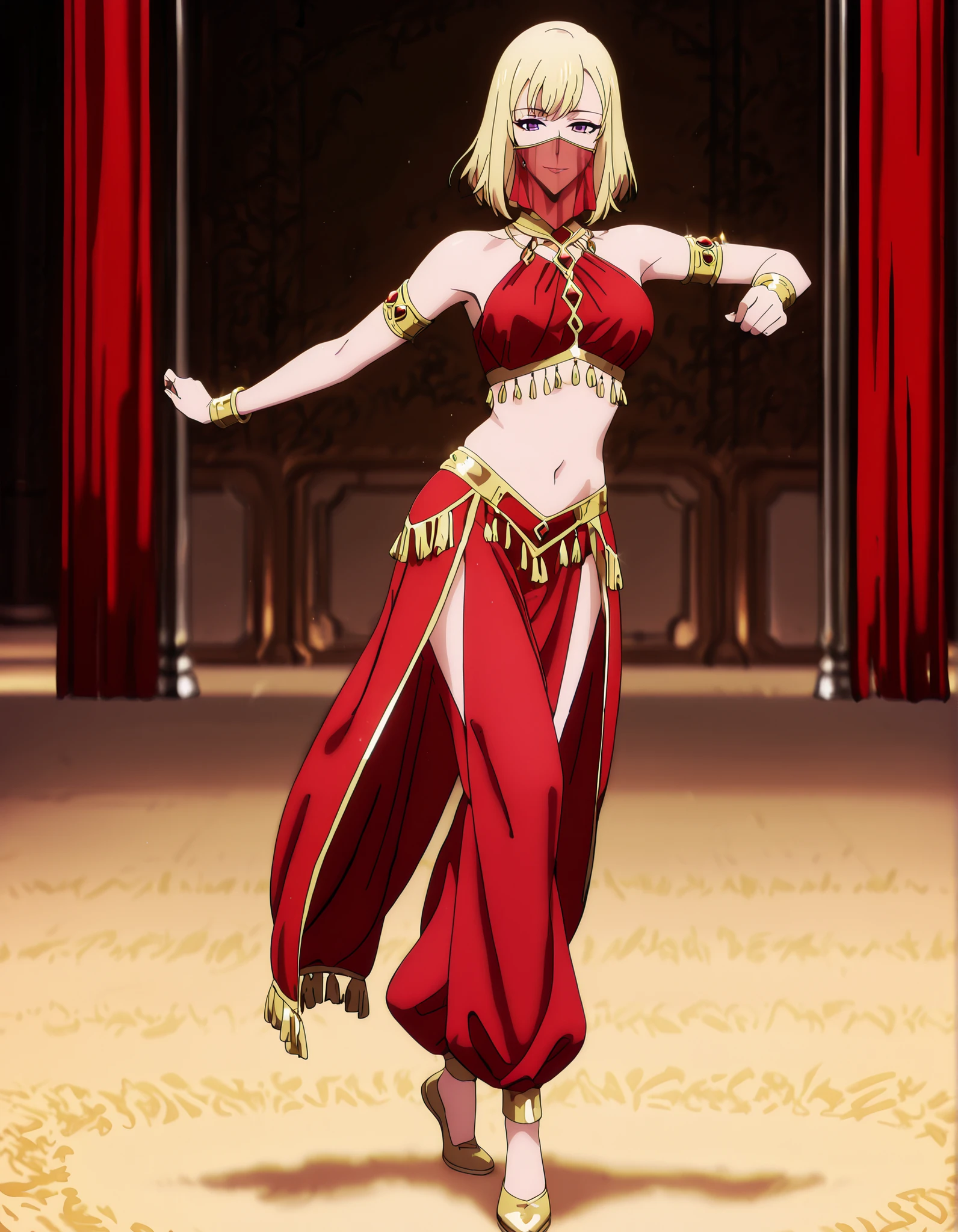 (1girl:1 . 5) , (Seul:1 . 5) , score_9 , score_8_haut , score_7_haut , source_anime , Official work , ultra-detailed , masterpiece , best quality , high resolution , beaux yeux , detailed eyes , Detailed face , beautiful detailed eyes,1girl,purple eyes, blonde hair, short hair, bangs,Solo Leveling,Cha Hae-in,Arabian Clothes , Arabian Dancer Outfit ,belly dancer costume,belly dancer outfit ,full body,golden jewelery,mouth veil,armlet, belly dancing,arabian theater,seductive smile, dancing with veil, dynamic movement,dance posture, seductive pose