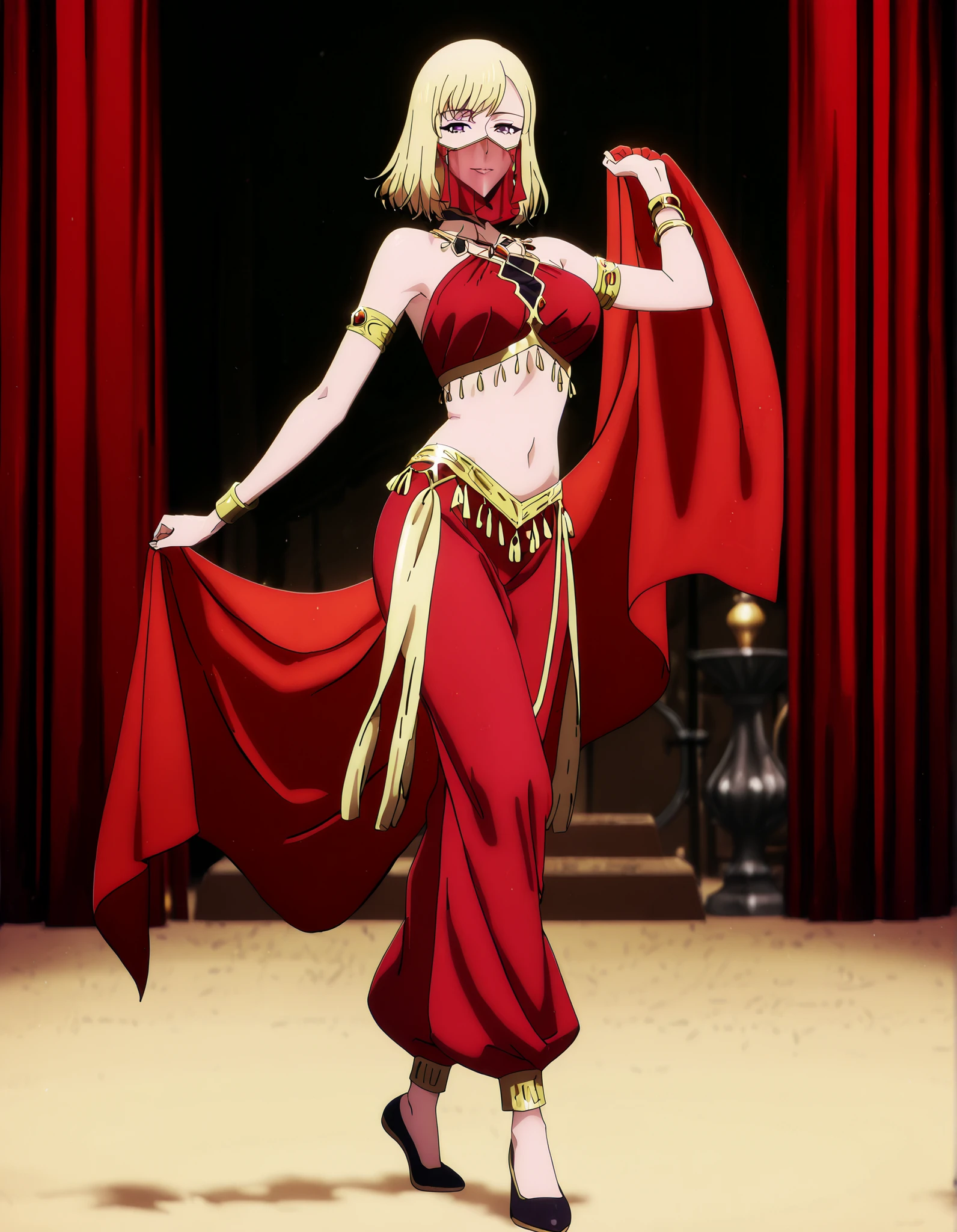 (1girl:1 . 5) , (Seul:1 . 5) , score_9 , score_8_haut , score_7_haut , source_anime , Official work , ultra-detailed , masterpiece , best quality , high resolution , beaux yeux , detailed eyes , Detailed face , beautiful detailed eyes,1girl,purple eyes, blonde hair, short hair, bangs,Solo Leveling,Cha Hae-in,Arabian Clothes , Arabian Dancer Outfit ,belly dancer costume,belly dancer outfit ,full body,golden jewelery,mouth veil,armlet, belly dancing,arabian theater,seductive smile, dancing with veil, dynamic movement,dance posture, seductive pose