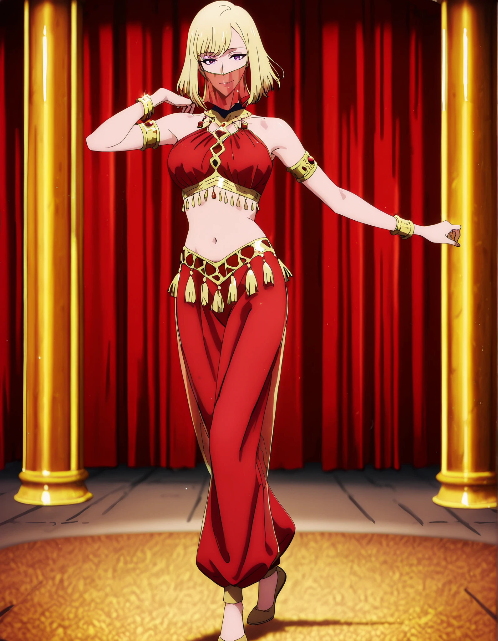 (1girl:1 . 5) , (Seul:1 . 5) , score_9 , score_8_haut , score_7_haut , source_anime , Official work , ultra-detailed , masterpiece , best quality , high resolution , beaux yeux , detailed eyes , Detailed face , beautiful detailed eyes,1girl,purple eyes, blonde hair, short hair, bangs,Solo Leveling,Cha Hae-in,Arabian Clothes , Arabian Dancer Outfit ,belly dancer costume,belly dancer outfit ,full body,golden jewelery,mouth veil,armlet, belly dancing,arabian theater,seductive smile, dancing with veil, dynamic movement,dance posture, seductive pose