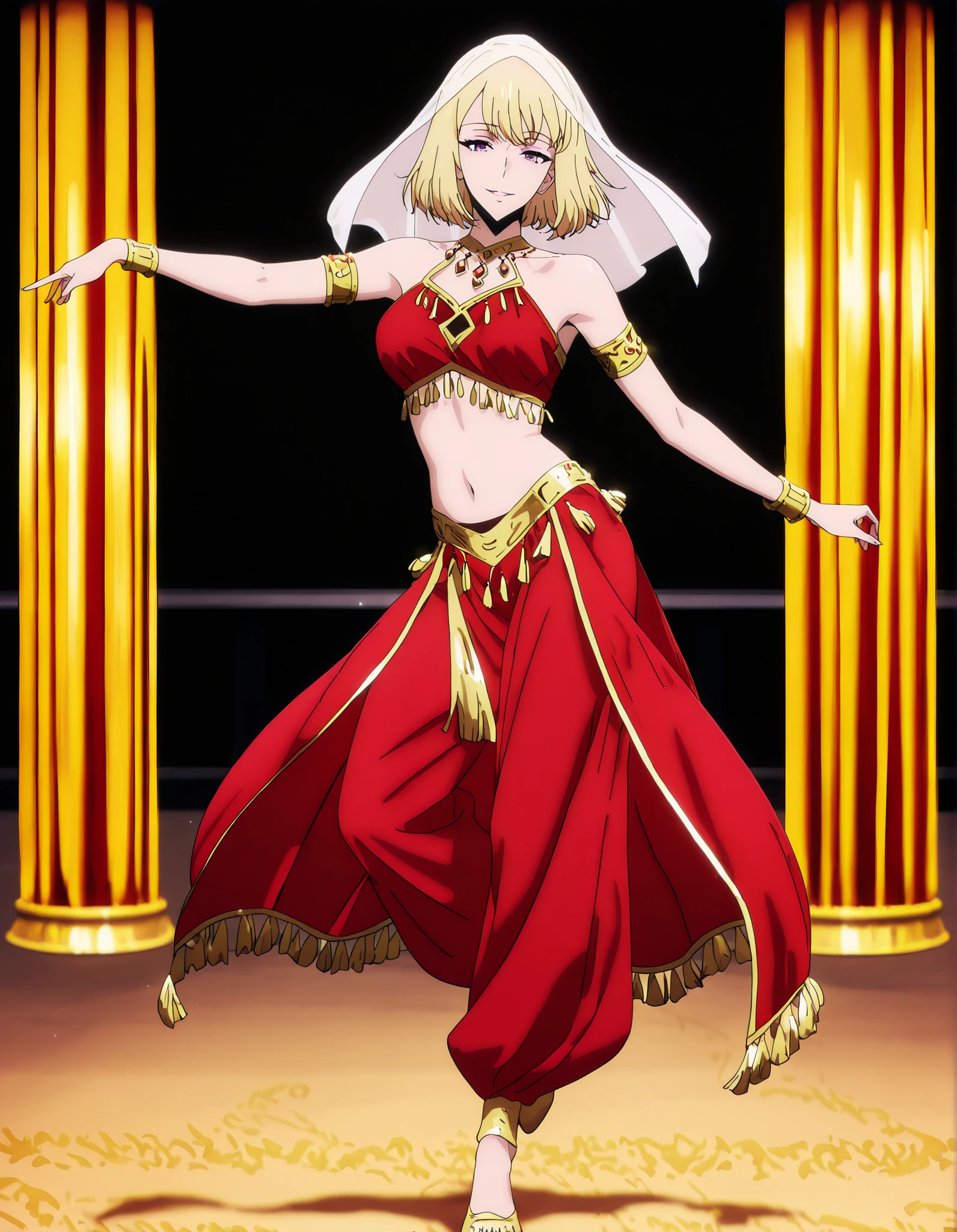 (1girl:1 . 5) , (Seul:1 . 5) , score_9 , score_8_haut , score_7_haut , source_anime , Official work , ultra-detailed , masterpiece , best quality , high resolution , beaux yeux , detailed eyes , Detailed face , beautiful detailed eyes,1girl,purple eyes, blonde hair, short hair, bangs,Solo Leveling,Cha Hae-in,Arabian Clothes , Arabian Dancer Outfit ,belly dancer costume,belly dancer outfit ,full body,golden jewelery,armlet, belly dancing,arabian theater,seductive smile, dancing with veil, dynamic movement,dance posture, seductive pose