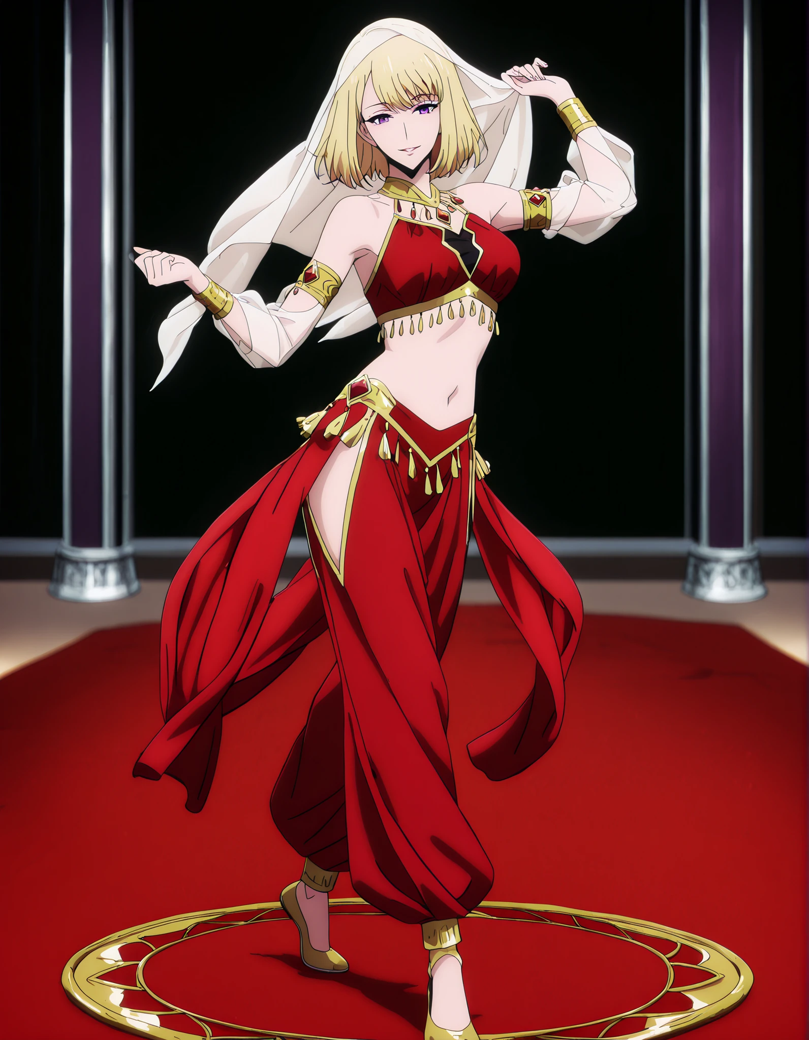 (1girl:1 . 5) , (Seul:1 . 5) , score_9 , score_8_haut , score_7_haut , source_anime , Official work  , ultra-detailed , masterpiece , best quality , high resolution , beaux yeux , detailed eyes , Detailed face , beautiful detailed eyes,1girl,purple eyes, blonde hair, short hair, bangs,Solo Leveling,Cha Hae-in,Arabian Clothes , Arabian Dancer Outfit ,belly dancer costume,belly dancer outfit ,full body,golden jewelery,armlet, belly dancing,arabian theater,seductive smile, dancing with veil, dynamic movement,dance posture, seductive pose