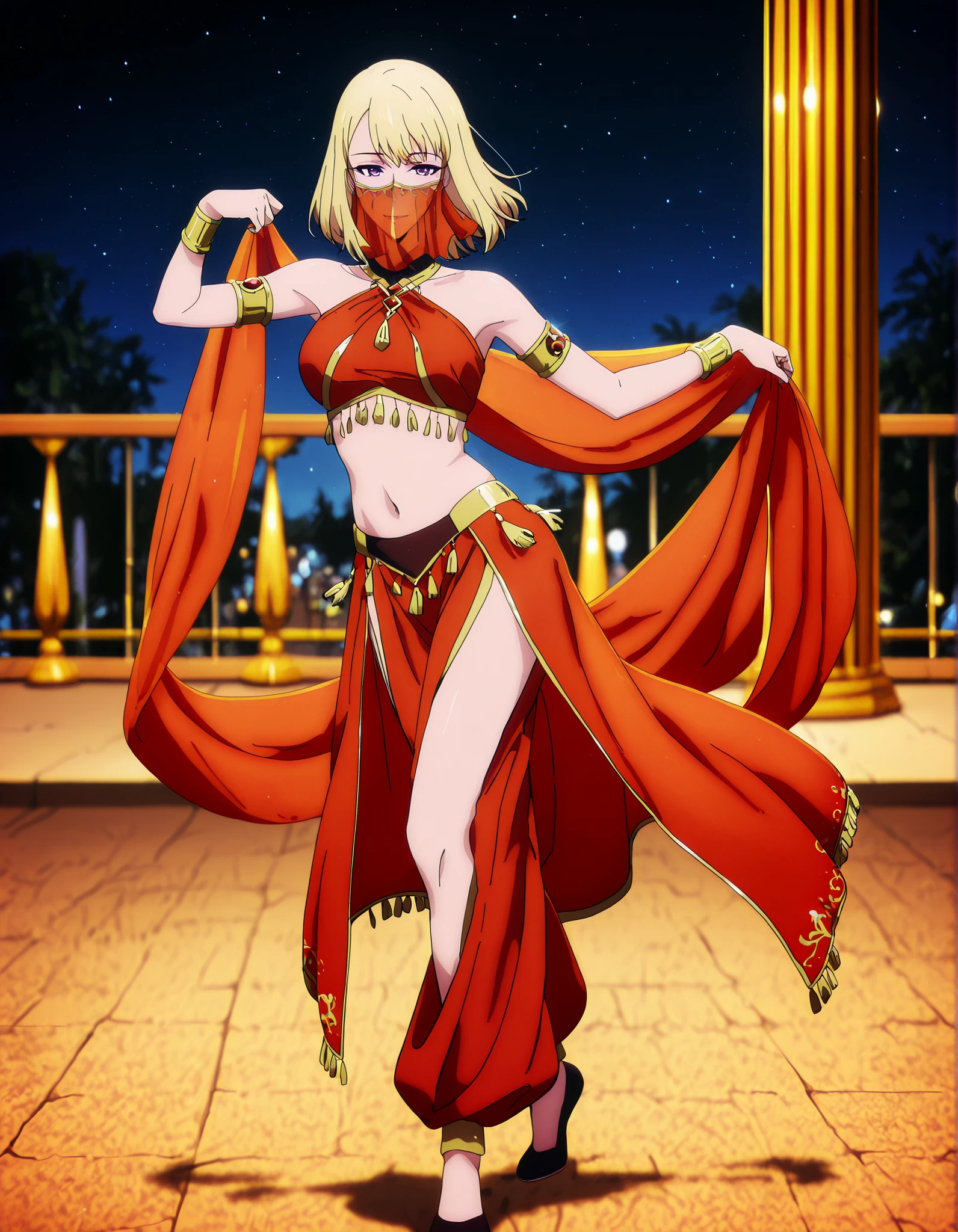 (1girl:1 . 5) , (Seul:1 . 5) , score_9 , score_8_haut , score_7_haut , source_anime , Official work , ultra-detailed , masterpiece , best quality , high resolution , beaux yeux , detailed eyes , Detailed face , beautiful detailed eyes,1girl,purple eyes, blonde hair, short hair, bangs,Solo Leveling,Cha Hae-in,Arabian Clothes , Arabian Dancer Outfit ,belly dancer costume,belly dancer outfit ,full body,golden jewelery,mouth veil,armlet, belly dancing,night,arabian garden,seductive smile, dancing with veil, dynamic movement,dance posture, seductive pose