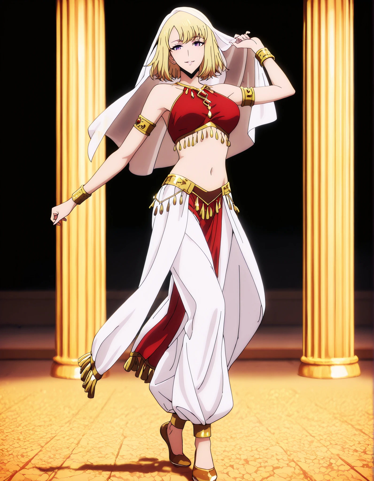 (1girl:1 . 5) , (Seul:1 . 5) , score_9 , score_8_haut , score_7_haut , source_anime , Official work  , ultra-detailed , masterpiece , best quality , high resolution , beaux yeux , detailed eyes , Detailed face , beautiful detailed eyes,1girl,purple eyes, blonde hair, short hair, bangs,Solo Leveling,Cha Hae-in,Arabian Clothes , Arabian Dancer Outfit ,belly dancer costume,belly dancer outfit ,full body,golden jewelery,armlet, belly dancing,arabian garden,seductive smile, dancing with veil, dynamic movement,dance posture, seductive pose