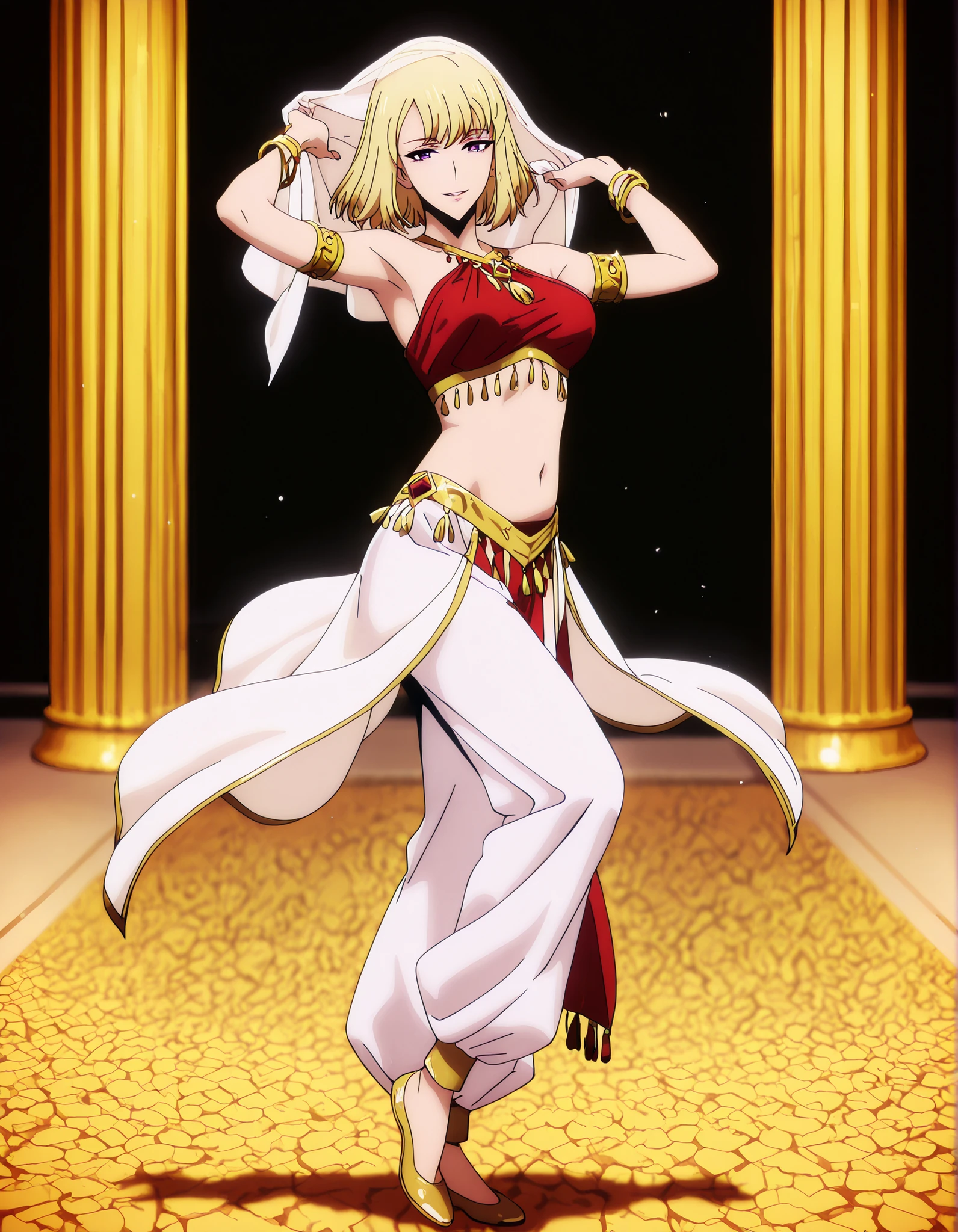 (1girl:1 . 5) , (Seul:1 . 5) , score_9 , score_8_haut , score_7_haut , source_anime , Official work , ultra-detailed , masterpiece , best quality , high resolution , beaux yeux , detailed eyes , Detailed face , beautiful detailed eyes,1girl,purple eyes, blonde hair, short hair, bangs,Solo Leveling,Cha Hae-in,Arabian Clothes , Arabian Dancer Outfit ,belly dancer costume,belly dancer outfit ,full body,golden jewelery,armlet, belly dancing,arabian garden,seductive smile, dancing with veil, dynamic movement,dance posture, seductive pose