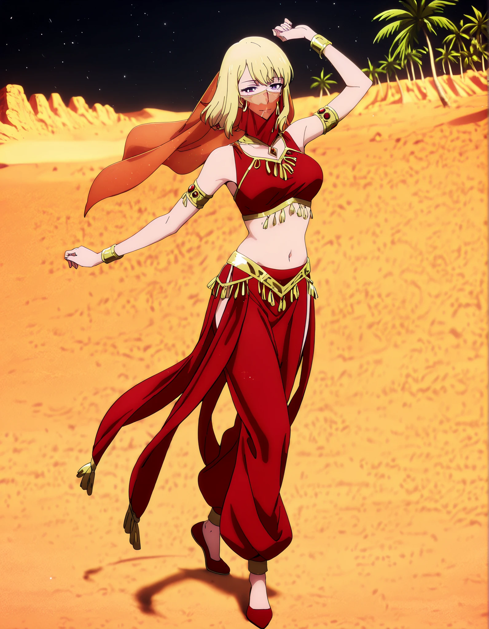 (1girl:1 . 5) , (Seul:1 . 5) , score_9 , score_8_haut , score_7_haut , source_anime , Official work  , ultra-detailed , masterpiece , best quality , high resolution , beaux yeux , detailed eyes , Detailed face , beautiful detailed eyes,1girl,purple eyes, blonde hair, short hair, bangs,Solo Leveling,Cha Hae-in,Arabian Clothes , Arabian Dancer Outfit ,belly dancer costume,belly dancer outfit ,full body,golden jewelery,mouth veil,armlet, belly dancing,night,desert lands,palm tree,seductive smile, dancing with veil, dynamic movement,dance posture, seductive pose