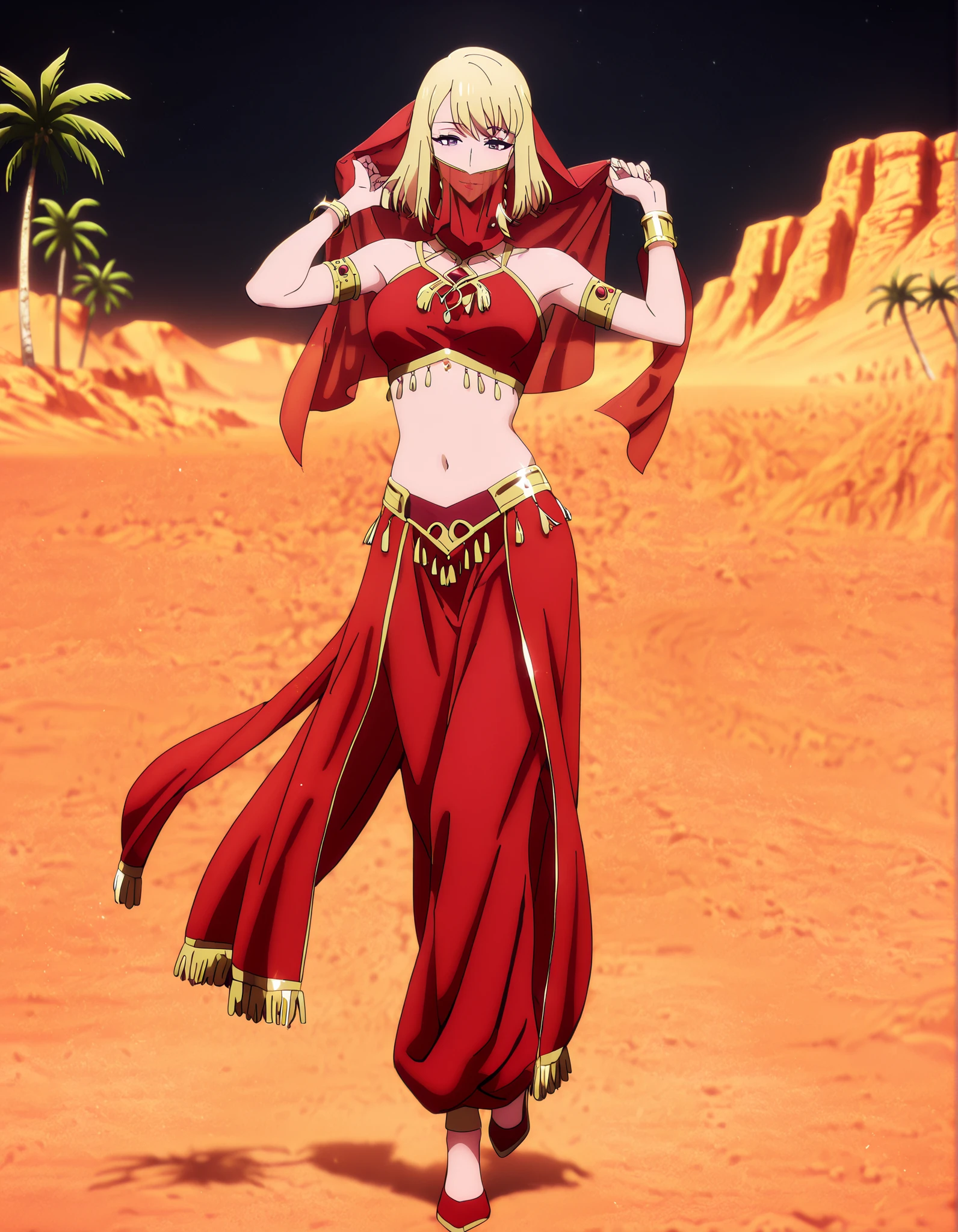 (1girl:1 . 5) , (Seul:1 . 5) , score_9 , score_8_haut , score_7_haut , source_anime , Official work , ultra-detailed , masterpiece , best quality , high resolution , beaux yeux , detailed eyes , Detailed face , beautiful detailed eyes,1girl,purple eyes, blonde hair, short hair, bangs,Solo Leveling,Cha Hae-in,Arabian Clothes , Arabian Dancer Outfit ,belly dancer costume,belly dancer outfit ,full body,golden jewelery,mouth veil,armlet, belly dancing,night,desert lands,palm tree,seductive smile, dancing with veil, dynamic movement,dance posture, seductive pose