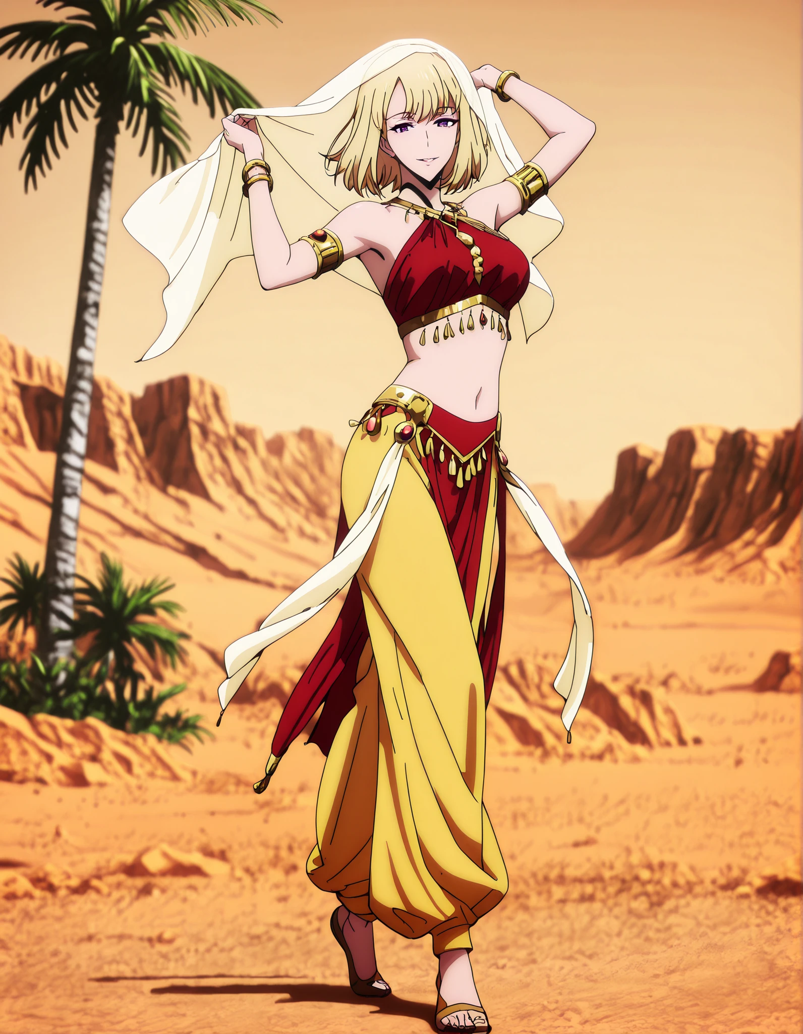 (1girl:1 . 5) , (Seul:1 . 5) , score_9 , score_8_haut , score_7_haut , source_anime , Official work , ultra-detailed , masterpiece , best quality , high resolution , beaux yeux , detailed eyes , Detailed face , beautiful detailed eyes,1girl,purple eyes, blonde hair, short hair, bangs,Solo Leveling,Cha Hae-in,Arabian Clothes , Arabian Dancer Outfit ,belly dancer costume,belly dancer outfit ,full body,golden jewelery,armlet, belly dancing,desert lands,palm tree,seductive smile, dancing with veil, dynamic movement,dance posture, seductive pos