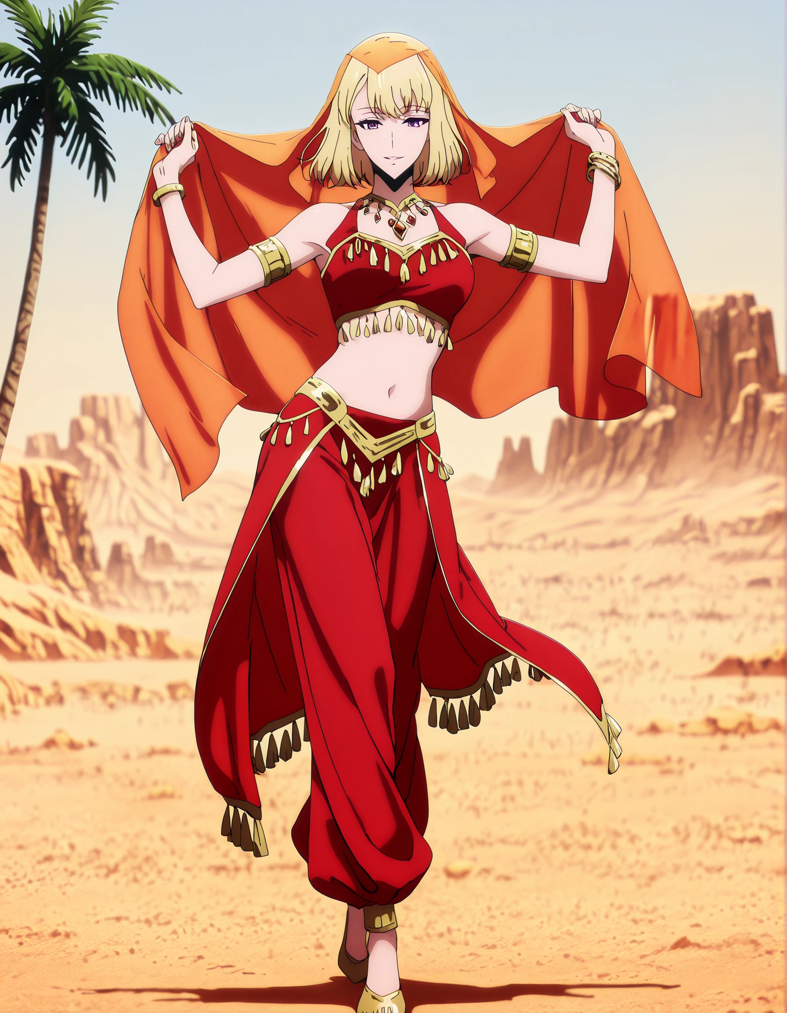 (1girl:1 . 5) , (Seul:1 . 5) , score_9 , score_8_haut , score_7_haut , source_anime , Official work , ultra-detailed , masterpiece , best quality , high resolution , beaux yeux , detailed eyes , Detailed face , beautiful detailed eyes,1girl,purple eyes, blonde hair, short hair, bangs,Solo Leveling,Cha Hae-in,Arabian Clothes , Arabian Dancer Outfit ,belly dancer costume,belly dancer outfit ,full body,golden jewelery,armlet, belly dancing,desert lands,palm tree,seductive smile, dancing with veil, dynamic movement,dance posture, seductive pos