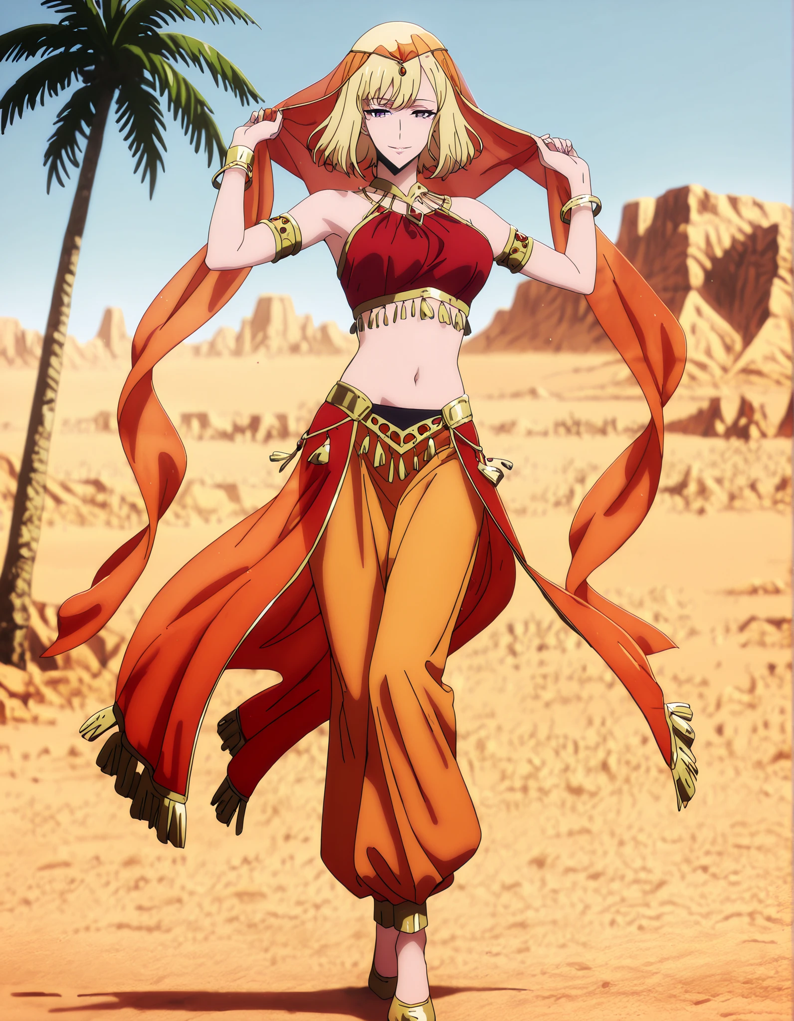 (1girl:1 . 5) , (Seul:1 . 5) , score_9 , score_8_haut , score_7_haut , source_anime , Official work , ultra-detailed , masterpiece , best quality , high resolution , beaux yeux , detailed eyes , Detailed face , beautiful detailed eyes,1girl,purple eyes, blonde hair, short hair, bangs,Solo Leveling,Cha Hae-in,Arabian Clothes , Arabian Dancer Outfit ,belly dancer costume,belly dancer outfit ,full body,golden jewelery,armlet, belly dancing,desert lands,palm tree,seductive smile, dancing with veil, dynamic movement,dance posture, seductive pos