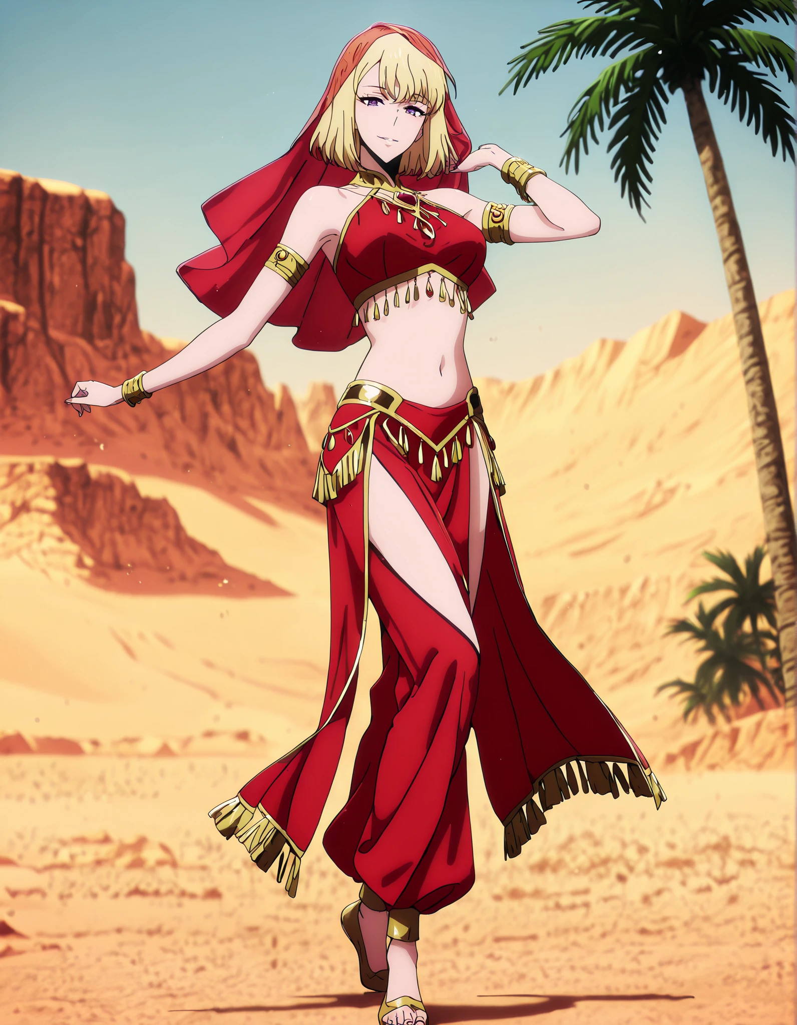 (1girl:1 . 5) , (Seul:1 . 5) , score_9 , score_8_haut , score_7_haut , source_anime , Official work  , ultra-detailed , masterpiece , best quality , high resolution , beaux yeux , detailed eyes , Detailed face , beautiful detailed eyes,1girl,purple eyes, blonde hair, short hair, bangs,Solo Leveling,Cha Hae-in,Arabian Clothes , Arabian Dancer Outfit ,belly dancer costume,belly dancer outfit ,full body,golden jewelery,armlet, belly dancing,desert lands,palm tree,seductive smile, dancing with veil, dynamic movement,dance posture, seductive pos