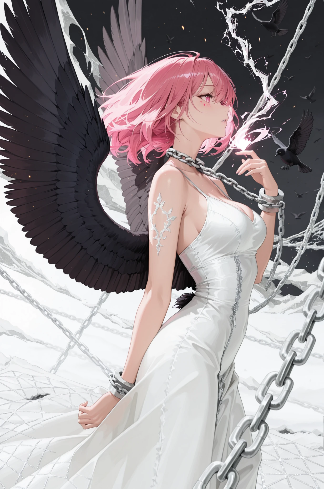masterpiece, best quality, ultra detailed, highres, dynamic cinematic composition, viewed from side, (a black-skinned) beautiful woman with vivid pink hair and glowing pink eyes, wearing (a navy dress), the dress fluttering violently in the wind, large (black bird wings:1.2) fully spread, each feather catching the light dramatically, her body radiates overwhelming magical energy, waves of power bursting outward, she grips the remains of a shattered (white chain:2.0) in one hand, countless white chains explode and scatter through the air around her, brilliant fragments and sparks of light flying in every direction, her expression fierce and anguished, eyes burning with wrath and sorrow, cheeks marked with glowing flame-shaped tattoos, flickering like embers, magic aura and dust swirling in the air, shockwave distortion visible, background of crumbling ruins, a scene of liberation, chaos, and power beyond control.
