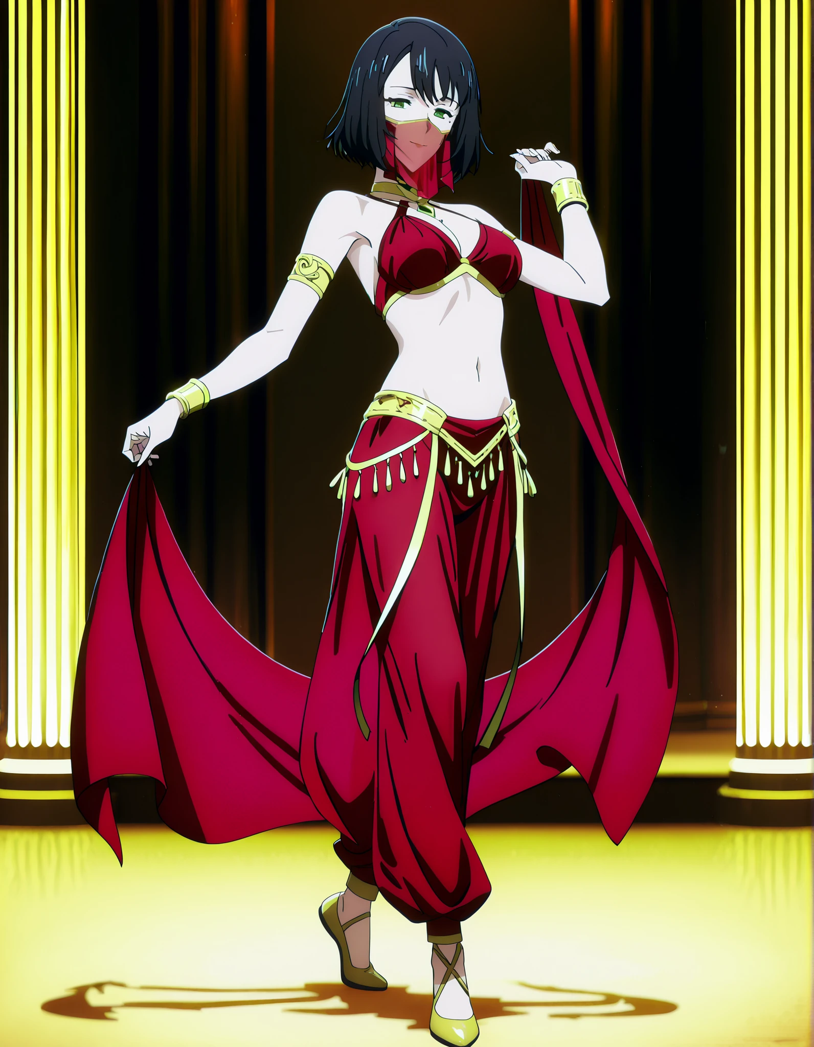 (1girl:1 . 5) , (Seul:1 . 5) , score_9 , score_8_haut , score_7_haut , source_anime , Official work , ultra-detailed , masterpiece , best quality , high resolution , beaux yeux , detailed eyes , Detailed face , beautiful detailed eyes,1girl,short hair, black hair, green eyes, mole under eye,Solo Leveling,Song-Yi Han,Arabian Clothes , Arabian Dancer Outfit ,belly dancer costume,belly dancer outfit ,full body,golden jewelery,mouth veil,armlet, belly dancing,arabian theater,seductive smile, dancing with veil, dynamic movement,dance posture, seductive pose
