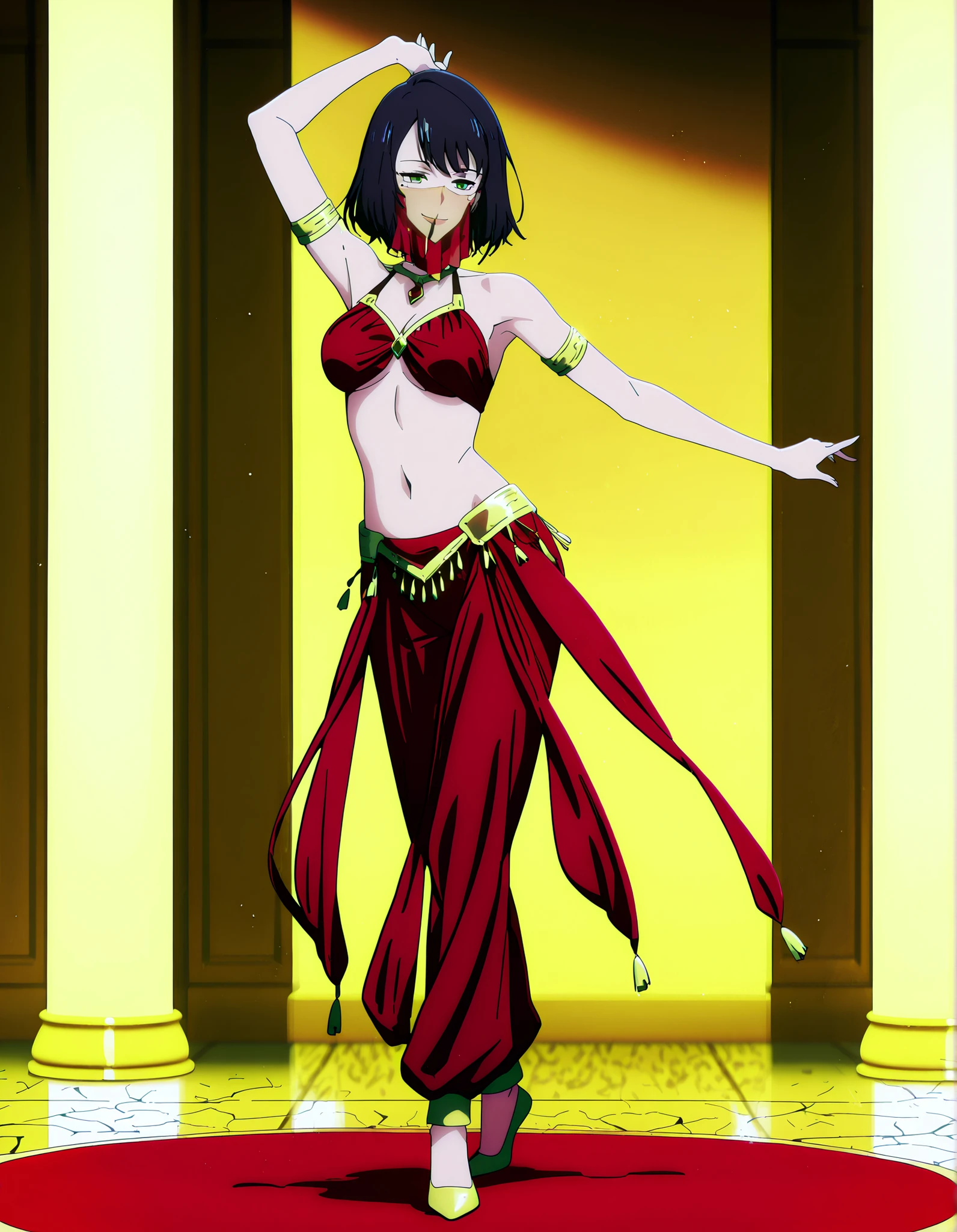 (1girl:1 . 5) , (Seul:1 . 5) , score_9 , score_8_haut , score_7_haut , source_anime , Official work , ultra-detailed , masterpiece , best quality , high resolution , beaux yeux , detailed eyes , Detailed face , beautiful detailed eyes,1girl,short hair, black hair, green eyes, mole under eye,Solo Leveling,Song-Yi Han,Arabian Clothes , Arabian Dancer Outfit ,belly dancer costume,belly dancer outfit ,full body,golden jewelery,mouth veil,armlet, belly dancing,arabian theater,seductive smile, dancing with veil, dynamic movement,dance posture, seductive pose