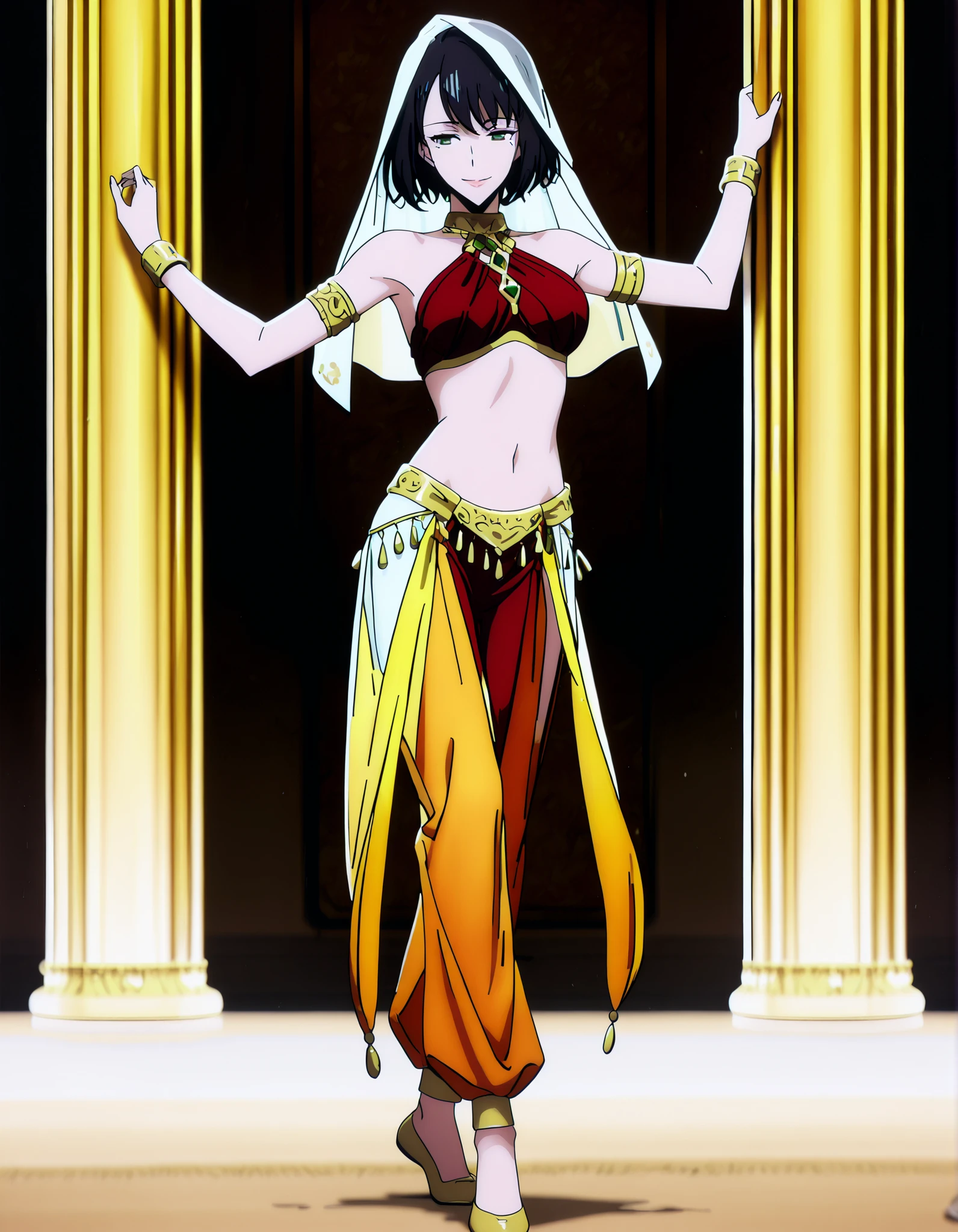 (1girl:1 . 5) , (Seul:1 . 5) , score_9 , score_8_haut , score_7_haut , source_anime , Official work , ultra-detailed , masterpiece , best quality , high resolution , beaux yeux , detailed eyes , Detailed face , beautiful detailed eyes,1girl,short hair, black hair, green eyes, mole under eye,Solo Leveling,Song-Yi Han,Arabian Clothes , Arabian Dancer Outfit ,belly dancer costume,belly dancer outfit ,full body,golden jewelery,armlet, belly dancing,arabian theater,seductive smile, dancing with veil, dynamic movement,dance posture, seductive pose