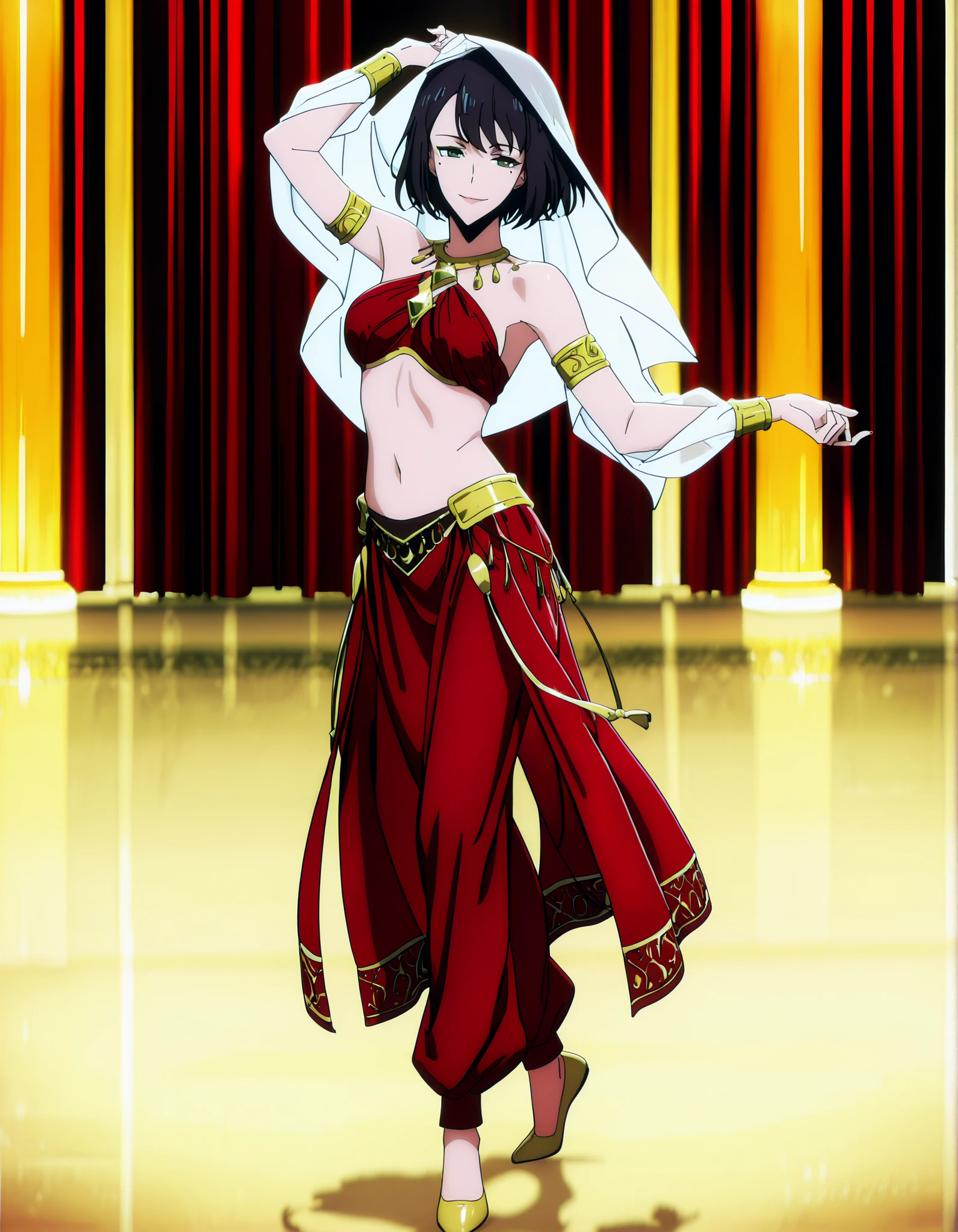 (1girl:1 . 5) , (Seul:1 . 5) , score_9 , score_8_haut , score_7_haut , source_anime , Official work  , ultra-detailed , masterpiece , best quality , high resolution , beaux yeux , detailed eyes , Detailed face , beautiful detailed eyes,1girl,short hair, black hair, green eyes, mole under eye,Solo Leveling,Song-Yi Han,Arabian Clothes , Arabian Dancer Outfit ,belly dancer costume,belly dancer outfit ,full body,golden jewelery,armlet, belly dancing,arabian theater,seductive smile, dancing with veil, dynamic movement,dance posture, seductive pose