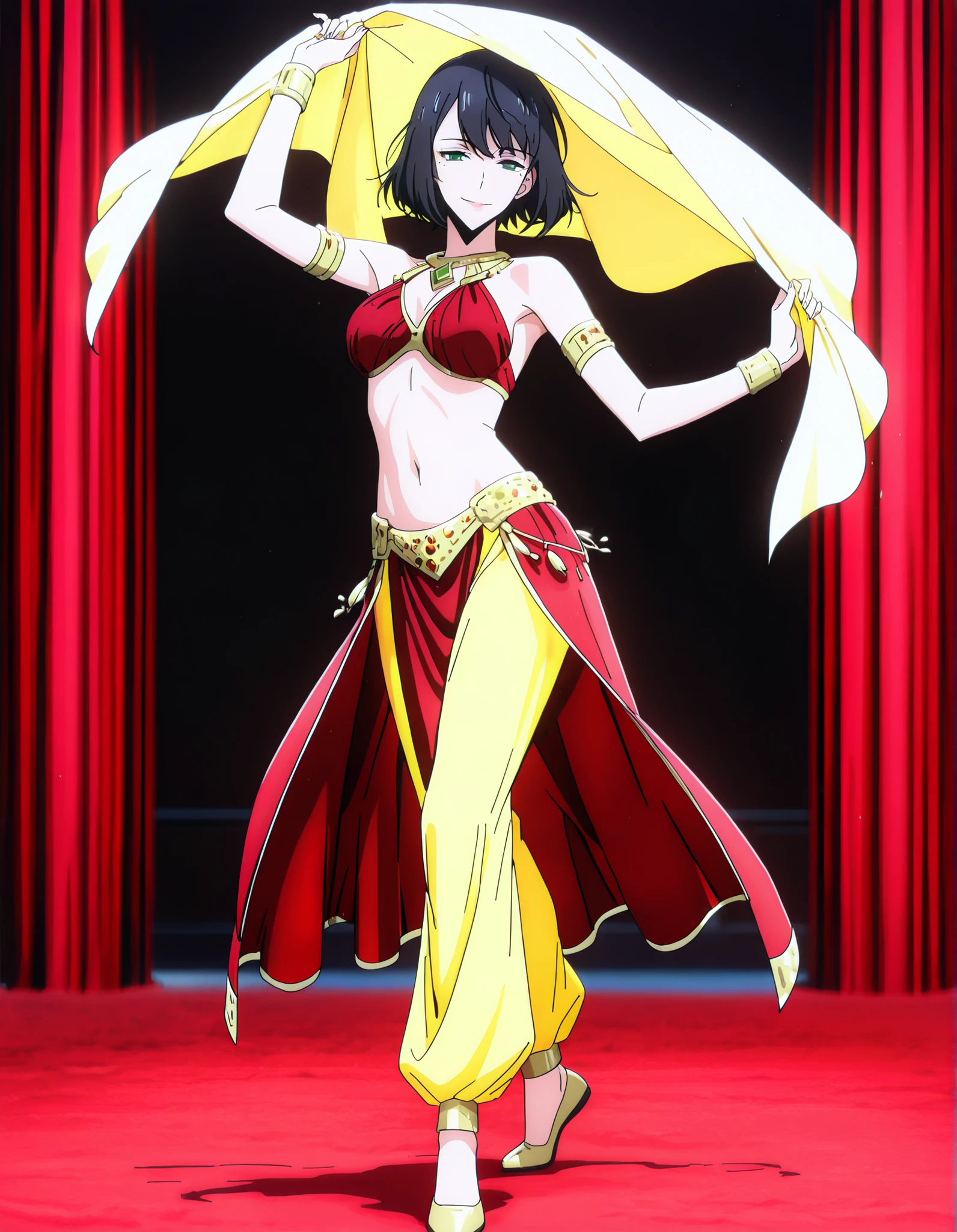 (1girl:1 . 5) , (Seul:1 . 5) , score_9 , score_8_haut , score_7_haut , source_anime , Official work , ultra-detailed , masterpiece , best quality , high resolution , beaux yeux , detailed eyes , Detailed face , beautiful detailed eyes,1girl,short hair, black hair, green eyes, mole under eye,Solo Leveling,Song-Yi Han,Arabian Clothes , Arabian Dancer Outfit ,belly dancer costume,belly dancer outfit ,full body,golden jewelery,armlet, belly dancing,arabian theater,seductive smile, dancing with veil, dynamic movement,dance posture, seductive pose