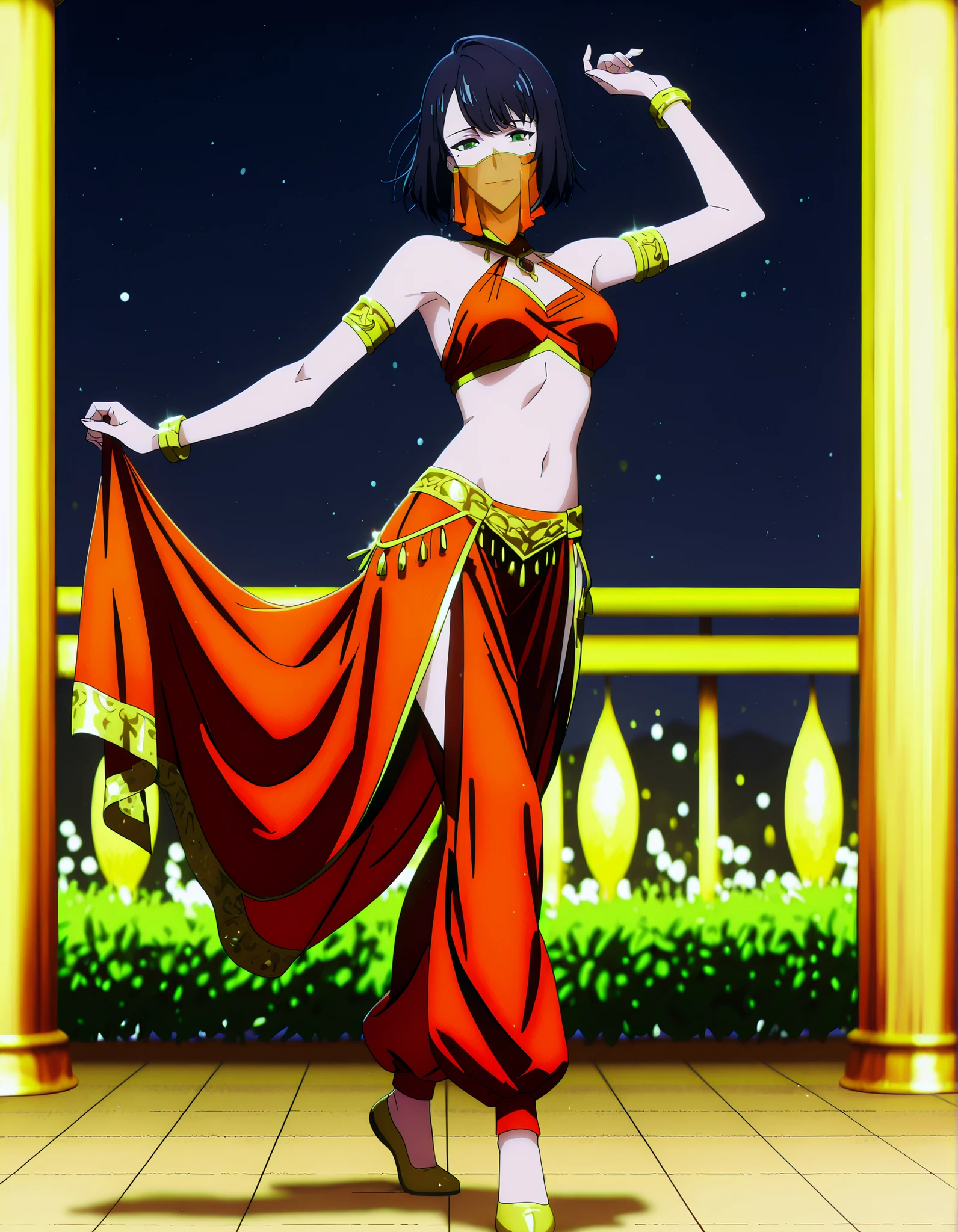 (1girl:1 . 5) , (Seul:1 . 5) , score_9 , score_8_haut , score_7_haut , source_anime , Official work  , ultra-detailed , masterpiece , best quality , high resolution , beaux yeux , detailed eyes , Detailed face , beautiful detailed eyes,1girl,short hair, black hair, green eyes, mole under eye,Solo Leveling,Song-Yi Han,Arabian Clothes , Arabian Dancer Outfit ,belly dancer costume,belly dancer outfit ,full body,golden jewelery,mouth veil,armlet, belly dancing,night,arabian garden,seductive smile, dancing with veil, dynamic movement,dance posture, seductive pose