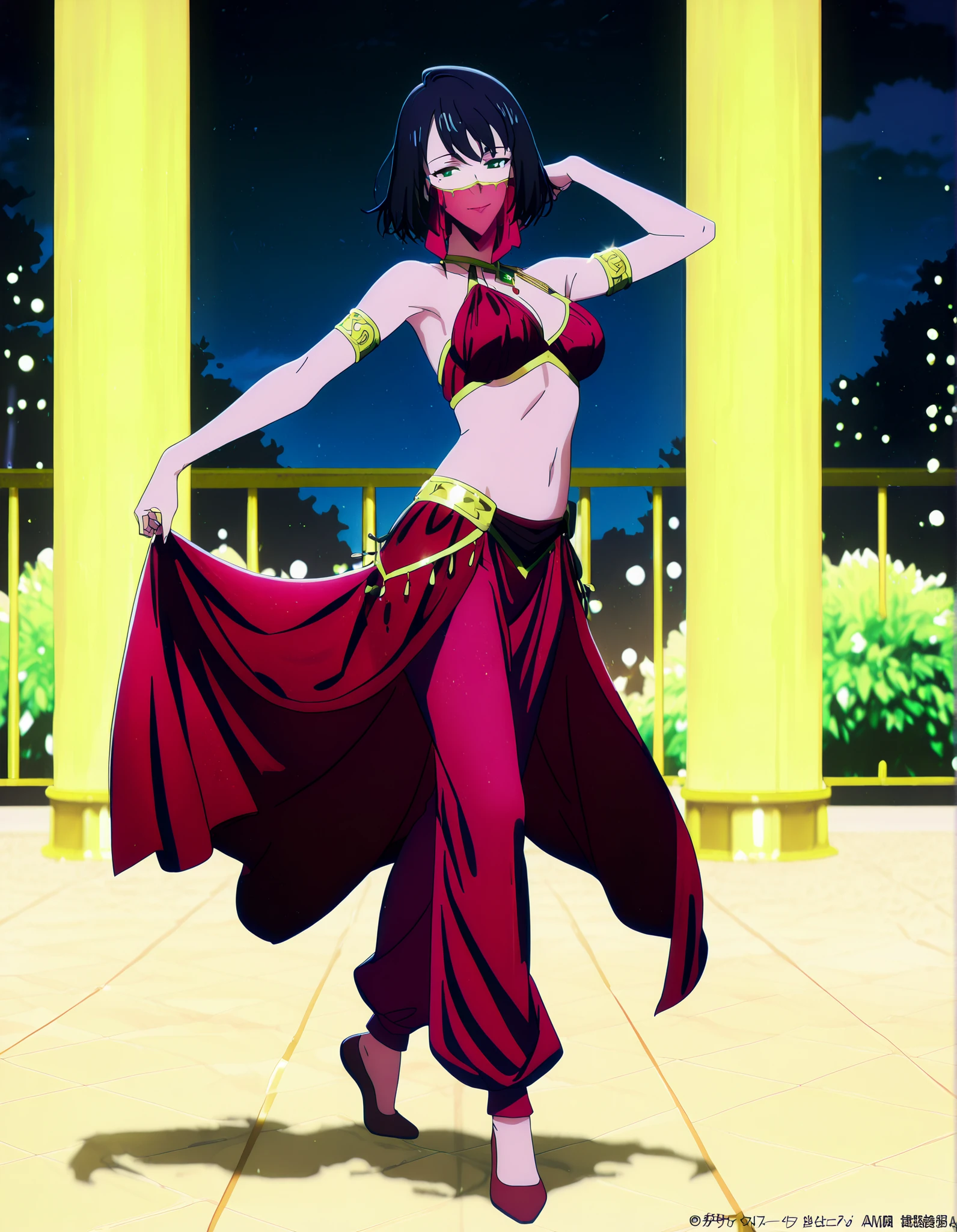 (1girl:1 . 5) , (Seul:1 . 5) , score_9 , score_8_haut , score_7_haut , source_anime , Official work , ultra-detailed , masterpiece , best quality , high resolution , beaux yeux , detailed eyes , Detailed face , beautiful detailed eyes,1girl,short hair, black hair, green eyes, mole under eye,Solo Leveling,Song-Yi Han,Arabian Clothes , Arabian Dancer Outfit ,belly dancer costume,belly dancer outfit ,full body,golden jewelery,mouth veil,armlet, belly dancing,night,arabian garden,seductive smile, dancing with veil, dynamic movement,dance posture, seductive pose