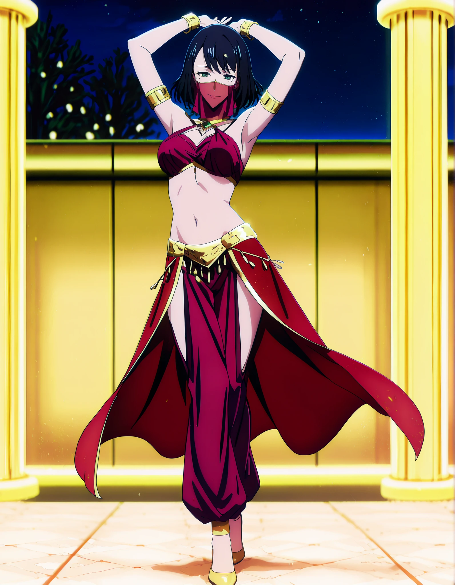 (1girl:1 . 5) , (Seul:1 . 5) , score_9 , score_8_haut , score_7_haut , source_anime , Official work , ultra-detailed , masterpiece , best quality , high resolution , beaux yeux , detailed eyes , Detailed face , beautiful detailed eyes,1girl,short hair, black hair, green eyes, mole under eye,Solo Leveling,Song-Yi Han,Arabian Clothes , Arabian Dancer Outfit ,belly dancer costume,belly dancer outfit ,full body,golden jewelery,mouth veil,armlet, belly dancing,night,arabian garden,seductive smile, dancing with veil, dynamic movement,dance posture, seductive pose