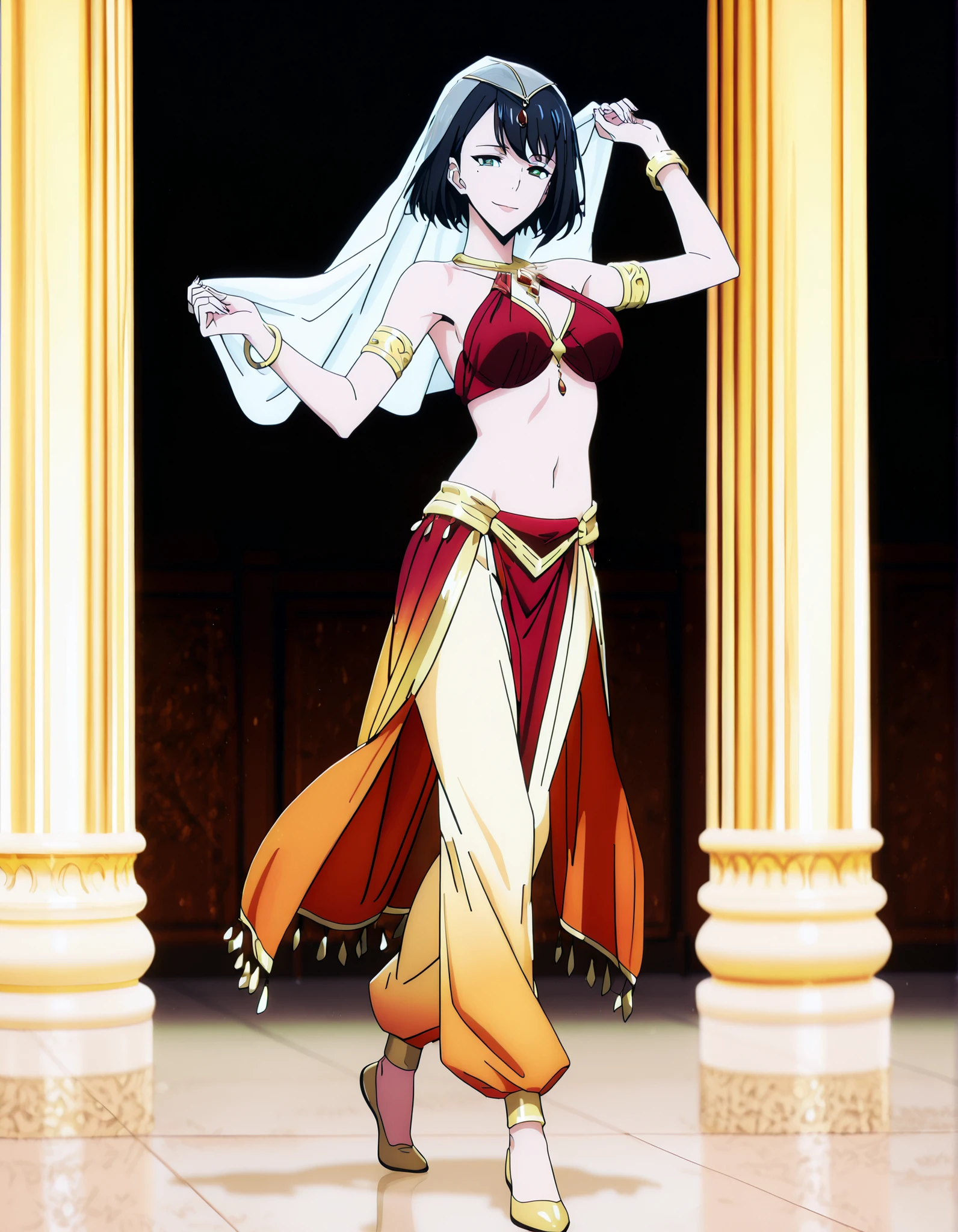 (1girl:1 . 5) , (Seul:1 . 5) , score_9 , score_8_haut , score_7_haut , source_anime , Official work , ultra-detailed , masterpiece , best quality , high resolution , beaux yeux , detailed eyes , Detailed face , beautiful detailed eyes,1girl,short hair, black hair, green eyes, mole under eye,Solo Leveling,Song-Yi Han,Arabian Clothes , Arabian Dancer Outfit ,belly dancer costume,belly dancer outfit ,full body,golden jewelery,armlet, belly dancing,arabian garden,seductive smile, dancing with veil, dynamic movement,dance posture, seductive pose