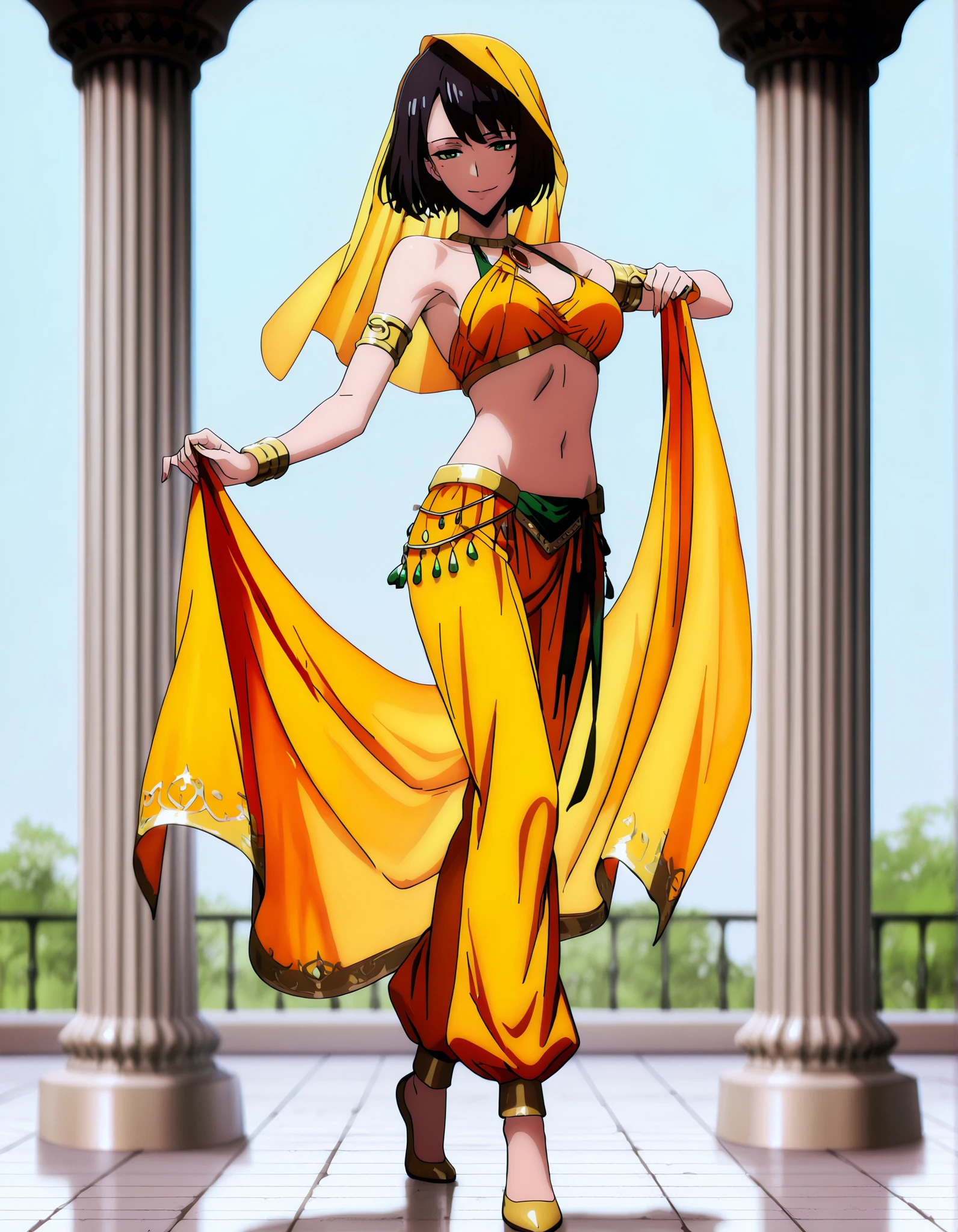 (1girl:1 . 5) , (Seul:1 . 5) , score_9 , score_8_haut , score_7_haut , source_anime , Official work , ultra-detailed , masterpiece , best quality , high resolution , beaux yeux , detailed eyes , Detailed face , beautiful detailed eyes,1girl,short hair, black hair, green eyes, mole under eye,Solo Leveling,Song-Yi Han,Arabian Clothes , Arabian Dancer Outfit ,belly dancer costume,belly dancer outfit ,full body,golden jewelery,armlet, belly dancing,arabian garden,seductive smile, dancing with veil, dynamic movement,dance posture, seductive pose
