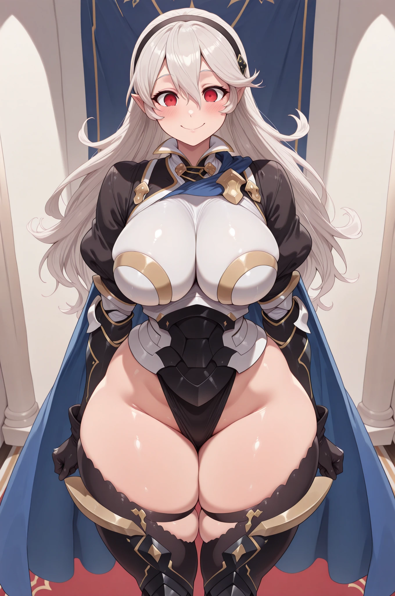 masterpiece, best quality, 1girl, sitting, forest, white hair, long hair, golden eyes, (silver and gold knight armor:1.2), skirt, thigh highs, (curvy, , bursting , huge thighs:1.1)
