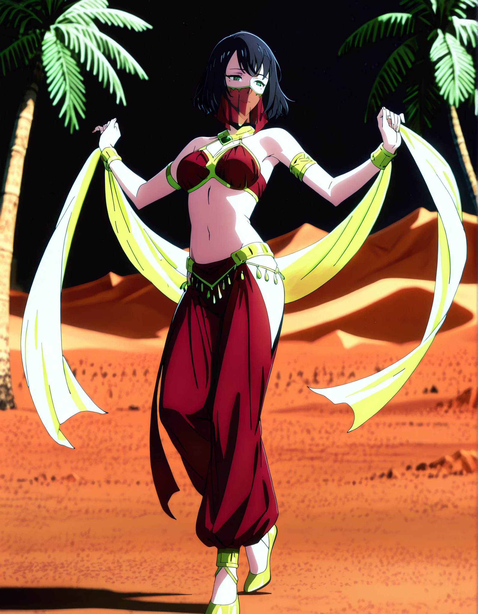 (1girl:1 . 5) , (Seul:1 . 5) , score_9 , score_8_haut , score_7_haut , source_anime , Official work , ultra-detailed , masterpiece , best quality , high resolution , beaux yeux , detailed eyes , Detailed face , beautiful detailed eyes,1girl,short hair, black hair, green eyes, mole under eye,Solo Leveling,Song-Yi Han,Arabian Clothes , Arabian Dancer Outfit ,belly dancer costume,belly dancer outfit ,full body,golden jewelery,mouth veil,armlet, belly dancing,night,desert lands,palm tree,seductive smile, dancing with veil, dynamic movement,dance posture, seductive pose