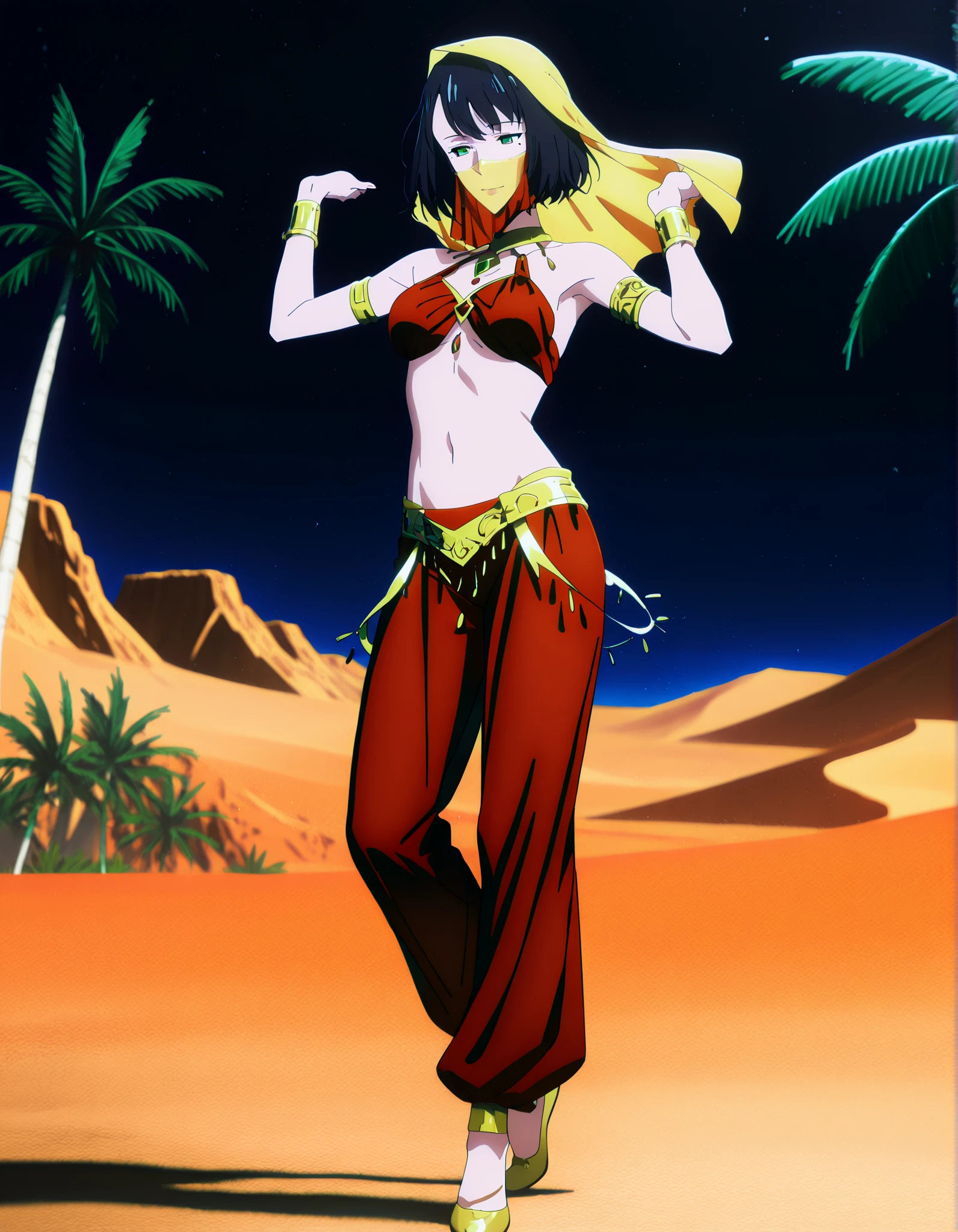 (1girl:1 . 5) , (Seul:1 . 5) , score_9 , score_8_haut , score_7_haut , source_anime , Official work , ultra-detailed , masterpiece , best quality , high resolution , beaux yeux , detailed eyes , Detailed face , beautiful detailed eyes,1girl,short hair, black hair, green eyes, mole under eye,Solo Leveling,Song-Yi Han,Arabian Clothes , Arabian Dancer Outfit ,belly dancer costume,belly dancer outfit ,full body,golden jewelery,mouth veil,armlet, belly dancing,night,desert lands,palm tree,seductive smile, dancing with veil, dynamic movement,dance posture, seductive pose