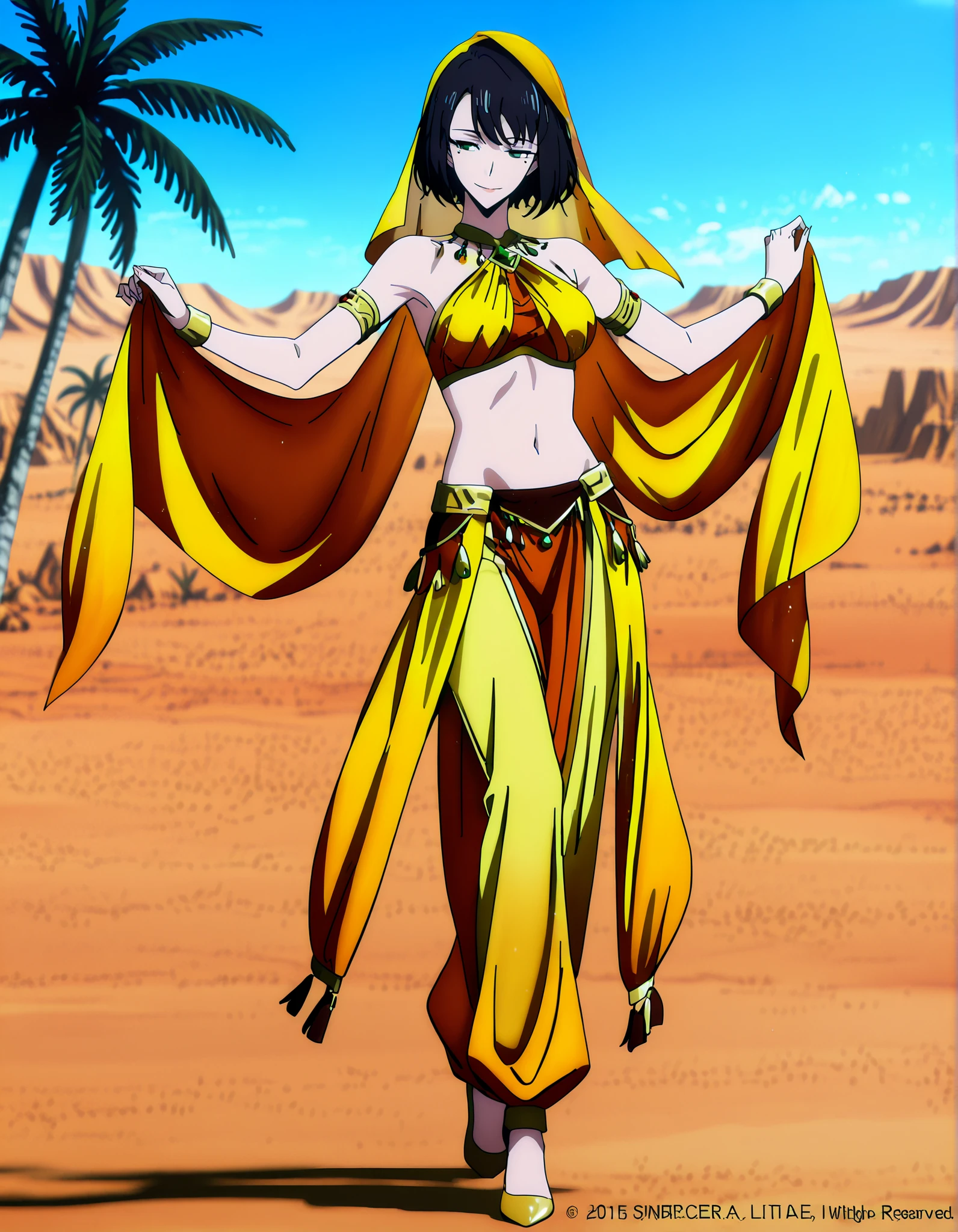 (1girl:1 . 5) , (Seul:1 . 5) , score_9 , score_8_haut , score_7_haut , source_anime , Official work , ultra-detailed , masterpiece , best quality , high resolution , beaux yeux , detailed eyes , Detailed face , beautiful detailed eyes,1girl,short hair, black hair, green eyes, mole under eye,Solo Leveling,Song-Yi Han,Arabian Clothes , Arabian Dancer Outfit ,belly dancer costume,belly dancer outfit ,full body,golden jewelery,armlet, belly dancing,desert lands,palm tree,seductive smile, dancing with veil, dynamic movement,dance posture, seductive pose