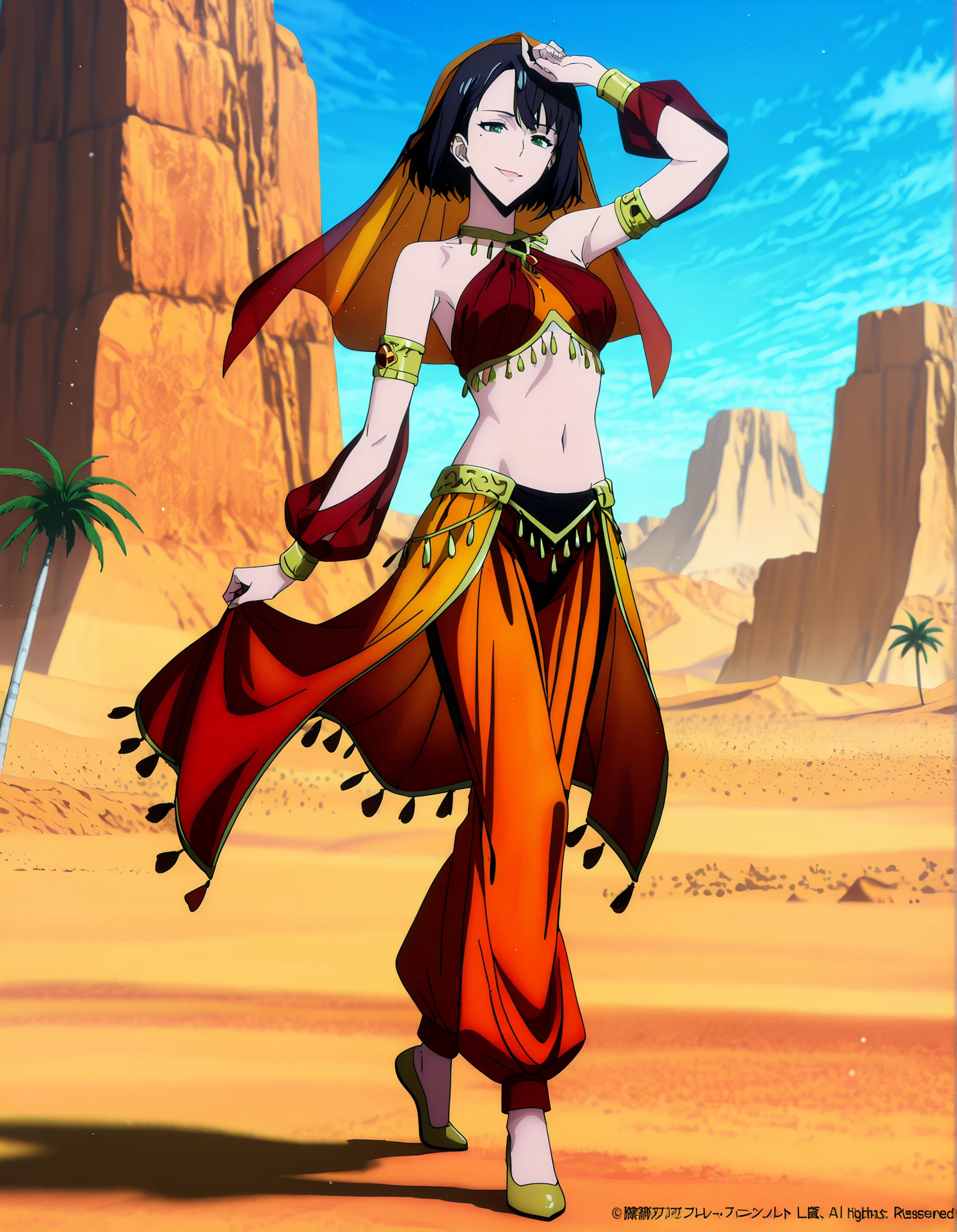 (1girl:1 . 5) , (Seul:1 . 5) , score_9 , score_8_haut , score_7_haut , source_anime , Official work  , ultra-detailed , masterpiece , best quality , high resolution , beaux yeux , detailed eyes , Detailed face , beautiful detailed eyes,1girl,short hair, black hair, green eyes, mole under eye,Solo Leveling,Song-Yi Han,Arabian Clothes , Arabian Dancer Outfit ,belly dancer costume,belly dancer outfit ,full body,golden jewelery,armlet, belly dancing,desert lands,palm tree,seductive smile, dancing with veil, dynamic movement,dance posture, seductive pose