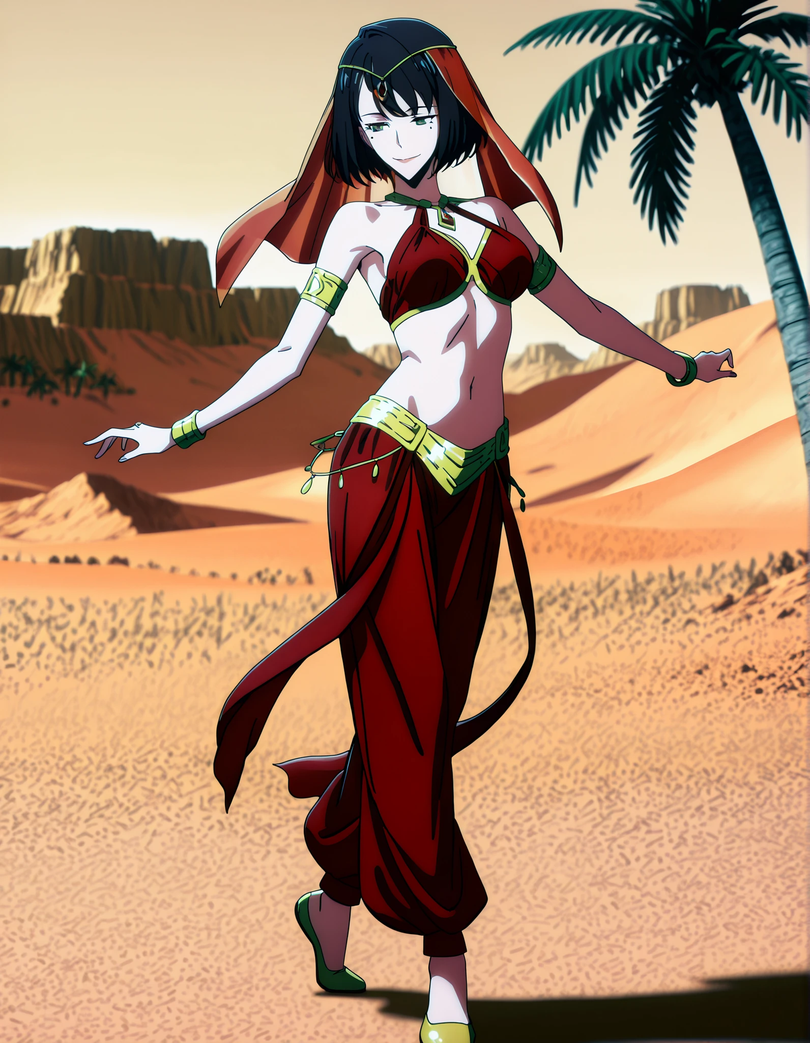 (1girl:1 . 5) , (Seul:1 . 5) , score_9 , score_8_haut , score_7_haut , source_anime , Official work , ultra-detailed , masterpiece , best quality , high resolution , beaux yeux , detailed eyes , Detailed face , beautiful detailed eyes,1girl,short hair, black hair, green eyes, mole under eye,Solo Leveling,Song-Yi Han,Arabian Clothes , Arabian Dancer Outfit ,belly dancer costume,belly dancer outfit ,full body,golden jewelery,armlet, belly dancing,desert lands,palm tree,seductive smile, dancing with veil, dynamic movement,dance posture, seductive pose