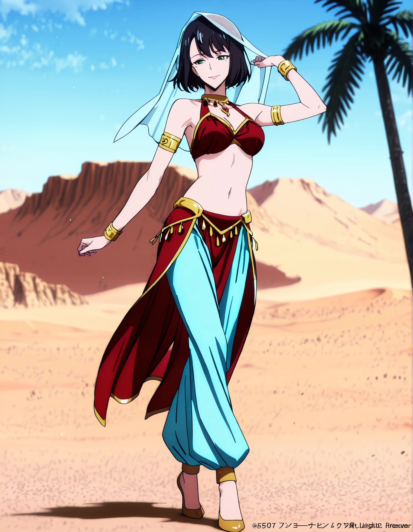 (1girl:1 . 5) , (Seul:1 . 5) , score_9 , score_8_haut , score_7_haut , source_anime , Official work , ultra-detailed , masterpiece , best quality , high resolution , beaux yeux , detailed eyes , Detailed face , beautiful detailed eyes,1girl,short hair, black hair, green eyes, mole under eye,Solo Leveling,Song-Yi Han,Arabian Clothes , Arabian Dancer Outfit ,belly dancer costume,belly dancer outfit ,full body,golden jewelery,armlet, belly dancing,desert lands,palm tree,seductive smile, dancing with veil, dynamic movement,dance posture, seductive pose