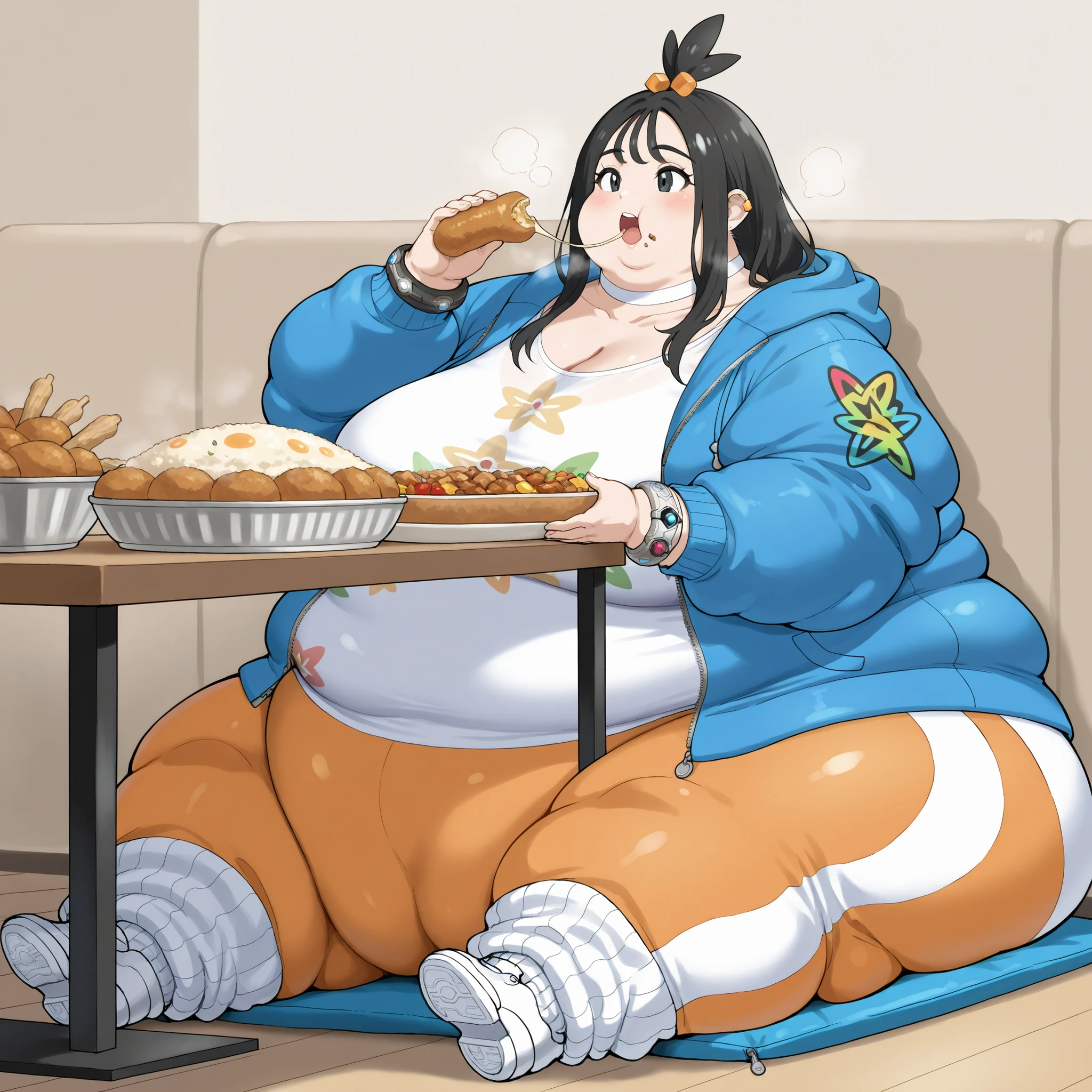 zalida, lida \(pokemon\), aged up, black hair, black eyes, long hair, bangs, sidelocks, topknot, hair bobbles, ear piercing, partially open jacket, blue jacket, hooded jacket, hood down, zipper pull tab, long sleeves, single bracelet, jewelrly, collarbone, white shirt, print shirt, white choker, yoga pants, two-tone pants, orange pants, white pants, white socks, ribbed socks, loose socks, platform shoes, white footwear, colored shoe soles, fat, chubby, obese,, big breasts open mouth, out of breath, Larger female, full body shot, sitting down, in front of tones of food, table, eating food, food in mouth, food in hands, rush of food