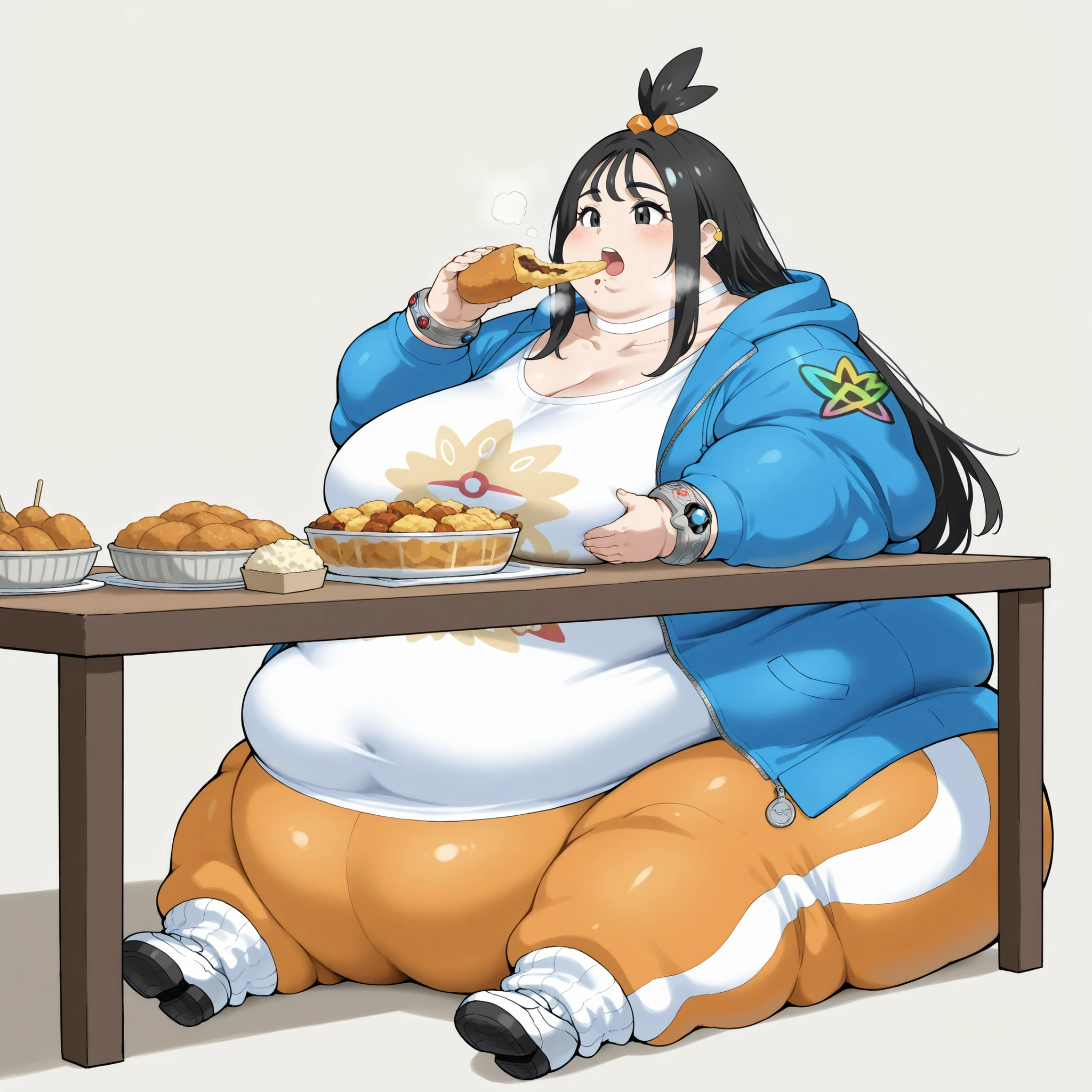 zalida, lida \(pokemon\), aged up, black hair, black eyes, long hair, bangs, sidelocks, topknot, hair bobbles, ear piercing, partially open jacket, blue jacket, hooded jacket, hood down, zipper pull tab, long sleeves, single bracelet, jewelrly, collarbone, white shirt, print shirt, white choker, yoga pants, two-tone pants, orange pants, white pants, white socks, ribbed socks, loose socks, platform shoes, white footwear, colored shoe soles, fat, chubby, obese,, big breasts open mouth, out of breath, Larger female, full body shot, sitting down, in front of tones of food, table, eating food, food in mouth, food in hands, rush of food