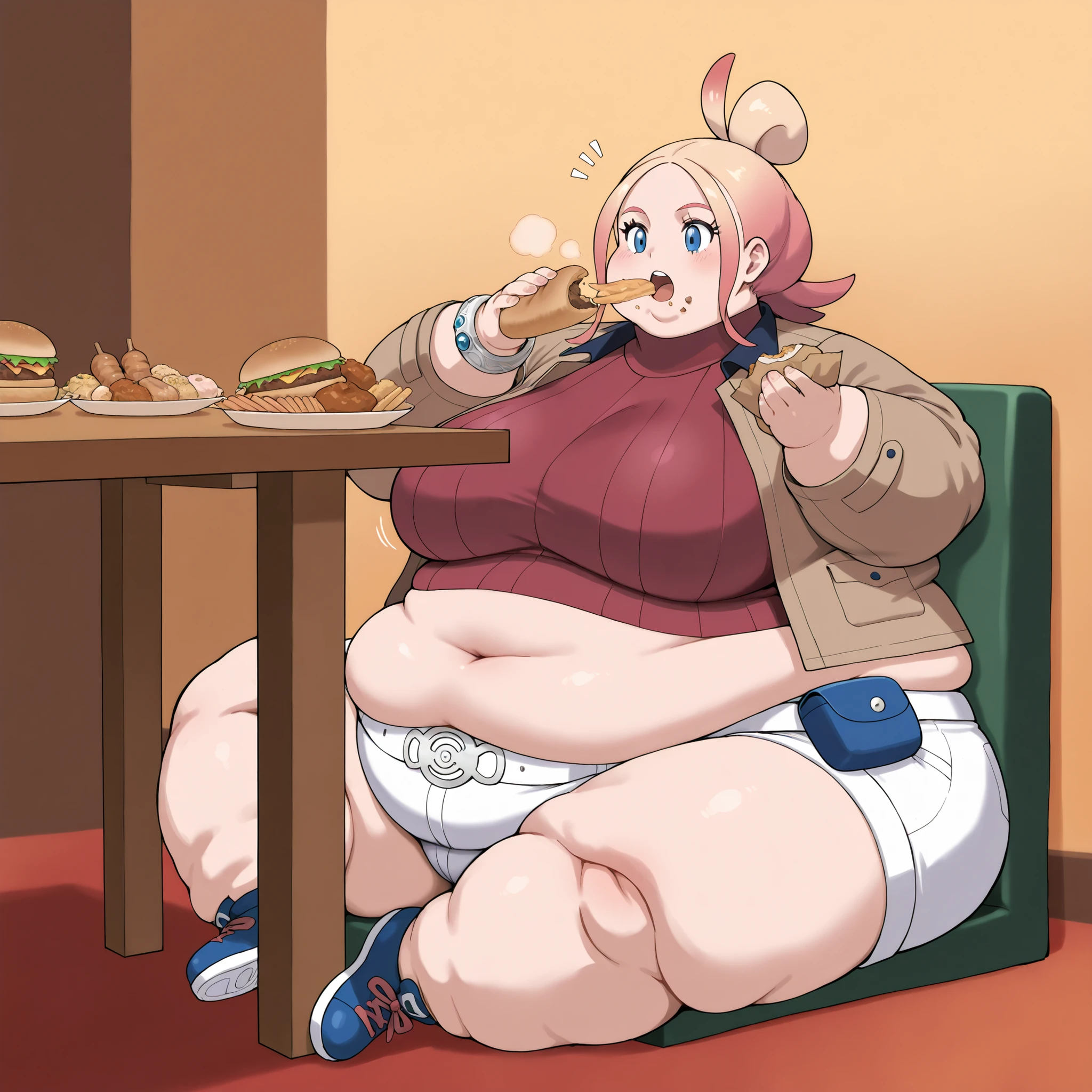 taunie, aged up, taunie \(pokemon\), pink hair, blonde hair, gradient hair, multicolored hair, single hair bun, ahoge, blue eyes, short hair, sidelocks
brown jacket, long sleeves, open jacket, red sweater, ribbed sweater, crop top, turtleneck, single bracelet, midriff, navel, short shorts, white shorts, white belt, [[[belt pouch, blue pouch]]], shoes, sneakers, blue footwear, fat, chubby, obese,, big breasts open mouth, out of breath, Larger female, full body shot, sitting down, in front of tones of food, table, eating food, food in mouth, food in hands, rush of food