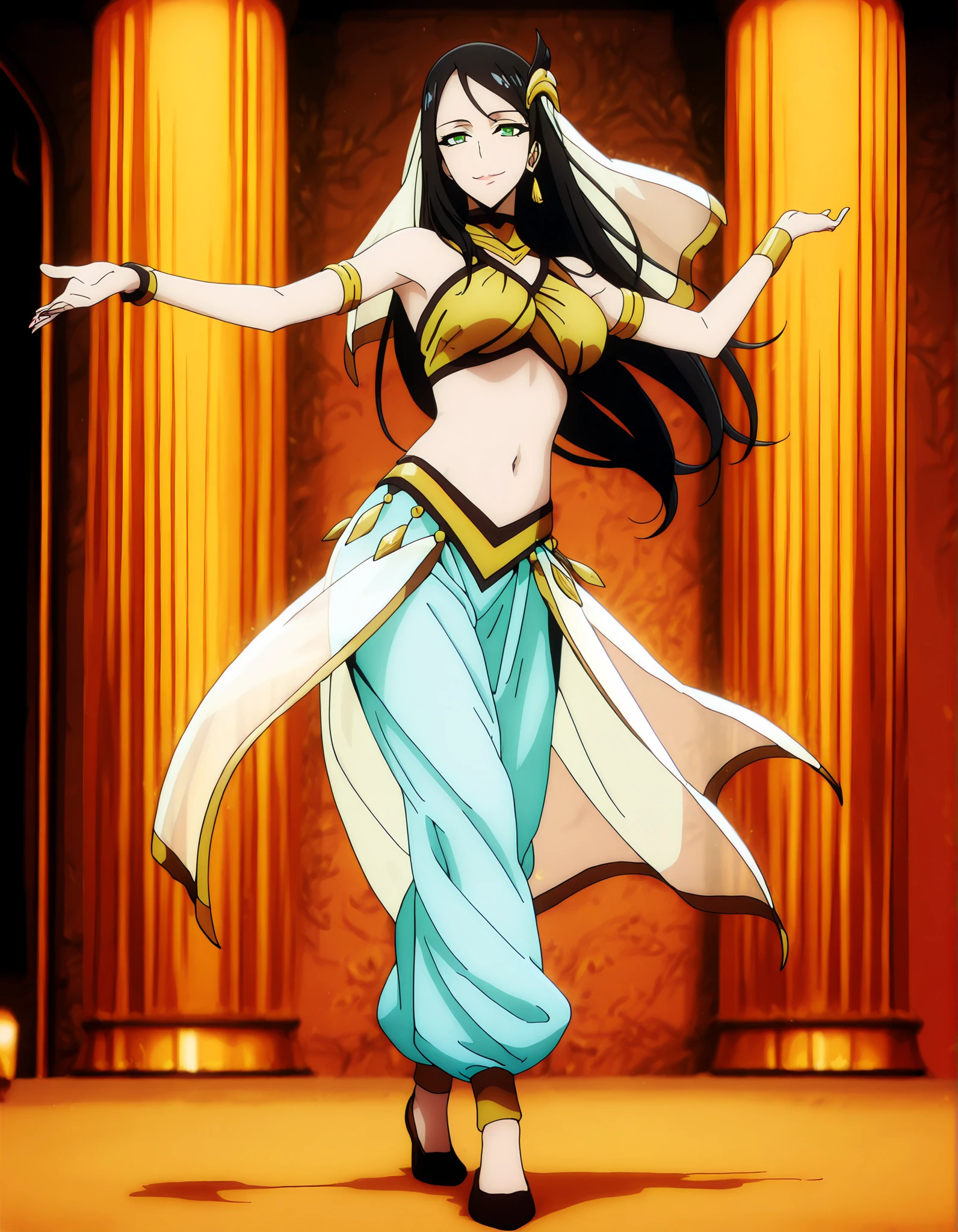 1girl:1 . 5) , (Seul:1 . 5) , score_9 , score_8_haut , score_7_haut , source_anime , Official work  , ultra-detailed , masterpiece , best quality , high resolution , beaux yeux , detailed eyes , Detailed face , beautiful detailed eyes,long hair, black hair, green eyes, yellow hair ornament,Solo Leveling,Park Heejin,Arabian Clothes , Arabian Dancer Outfit ,belly dancer costume,belly dancer outfit ,full body,golden jewelery,armlet, belly dancing,arabian theater,seductive smile, dancing with veil, dynamic movement,dance posture, seductive pose