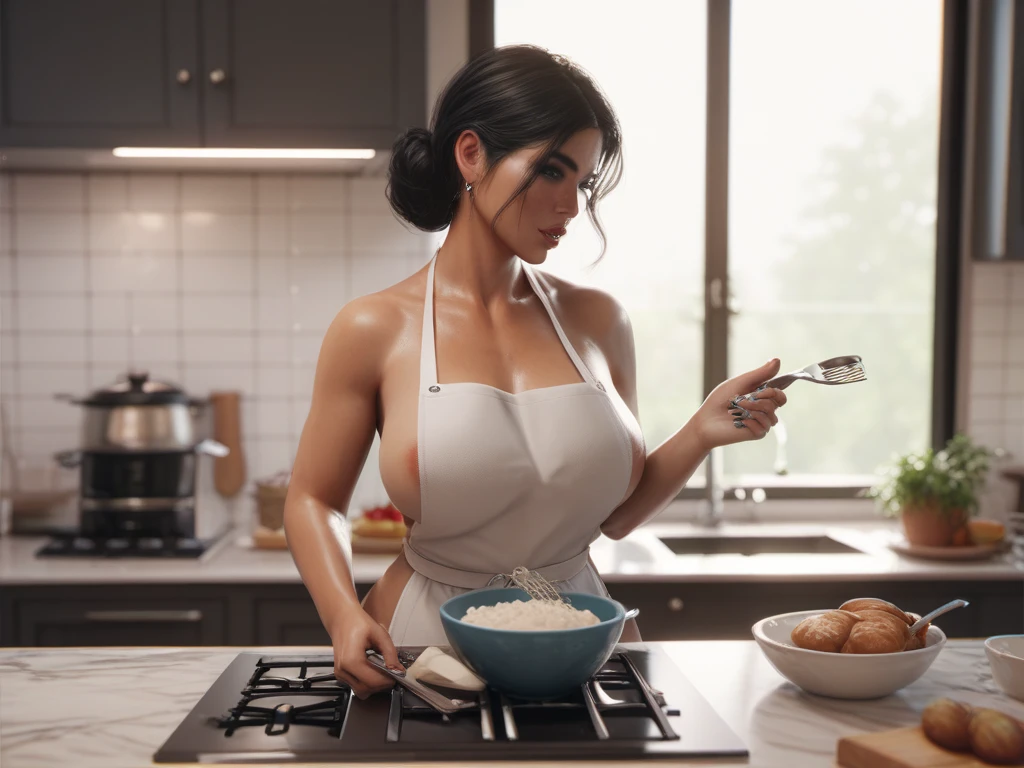 A wide high-definition scene in a kitchen of a large restaurant with a beautiful Arabic-style oriental woman with a slightly hooked nose, very dark and tanned, with a huge ???, Chef, restaurant owner and famous sommelier happy preparing your special dishes with wonderful red wines, wearing her chef uniform on her perfect body in her 50s with giant ??????? and very short white hair in a beautiful smile while working intensely alongside a very young, muscular and handsome Brazilian assistant chef who is much younger than her