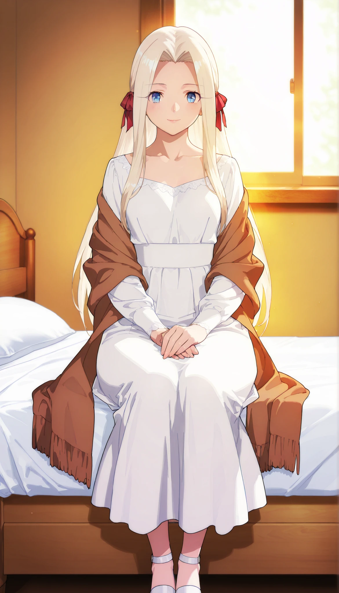 Irisviel von Einzbern, an extremely beautiful gorgeous woman with yellow-blonde hair, big blue eyes, plump glossy pink lips, extremely fair white glowy skin, slight plump breasts, a small waist, and a perfect slender body. She's wearing a long ankle-length white dress with a high square-neck collar and long attached full sleeves, a separate long brown shawl draped over the dress, and one dangling hair ribbon on the side. She's sitting on the bed's edge by the window, soft smile, warm lighting, hands on her lap, and is in a wooden cottage. Show her head to knee closeup only, proper middle-waist level view, SOLO, and super creative hyper-detailed.