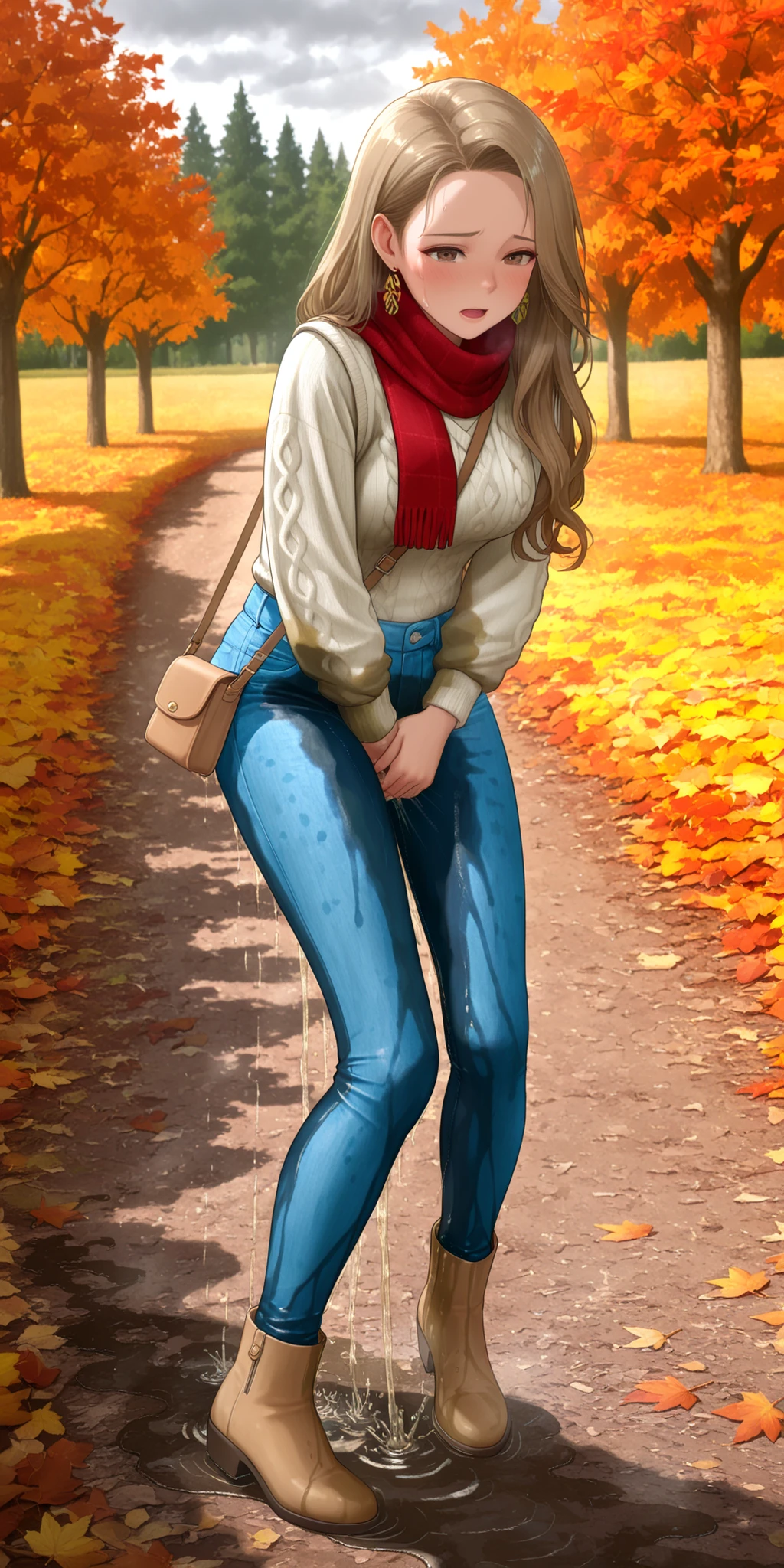 wetting self, desperation, holding crotch, large water stain, 20-year-old Norwegian woman, long wavy light brown hair, smooth forehead, soft hazel eyes, fair skin with rosy cheeks, slim toned body, B-cup bust, cream cable-knit sweater, dark blue high-rise skinny jeans with wide spreading water stain, darkened wet denim from waist to hem, fabric clinging to legs, visible moisture sheen, dripping at cuffs, light brown ankle boots slightly damp at edges, beige padded vest, woolen scarf in muted earth tones, small leather crossbody bag, minimal gold earrings, light natural makeup, casual cozy Scandinavian style, outdoor park path, golden and orange autumn leaves on ground, birch and maple trees with colorful foliage, cool October breeze, overcast daylight, warm atmospheric fall scene, tense posture, realistic soaked clothing effect.
