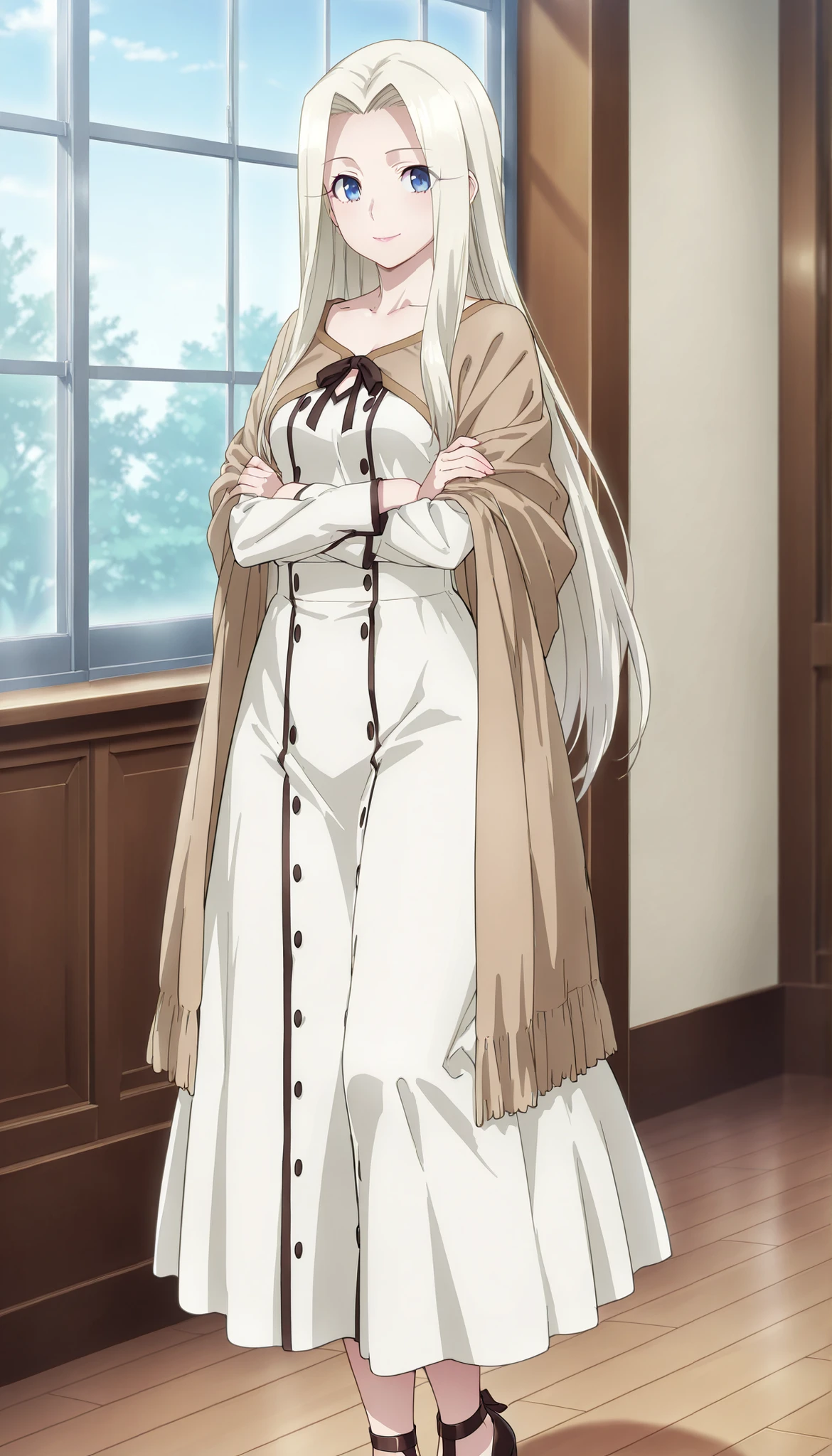 Irisviel von Einzbern, an extremely beautiful gorgeous woman with yellow-blonde hair, big blue eyes, plump glossy pink lips, extremely fair white glowy skin, slight plump breasts, a small waist, and a perfect slender body. She's wearing a long ankle-length white dress with a high square-neck collar and long attached full sleeves, and a separate long brown shawl draped over the dress. She's standing by the window, soft smile, arms crossed, and is in a wooden cottage. Show her head to knee closeup only, proper middle-waist level view, SOLO, and super creative hyper-detailed.
